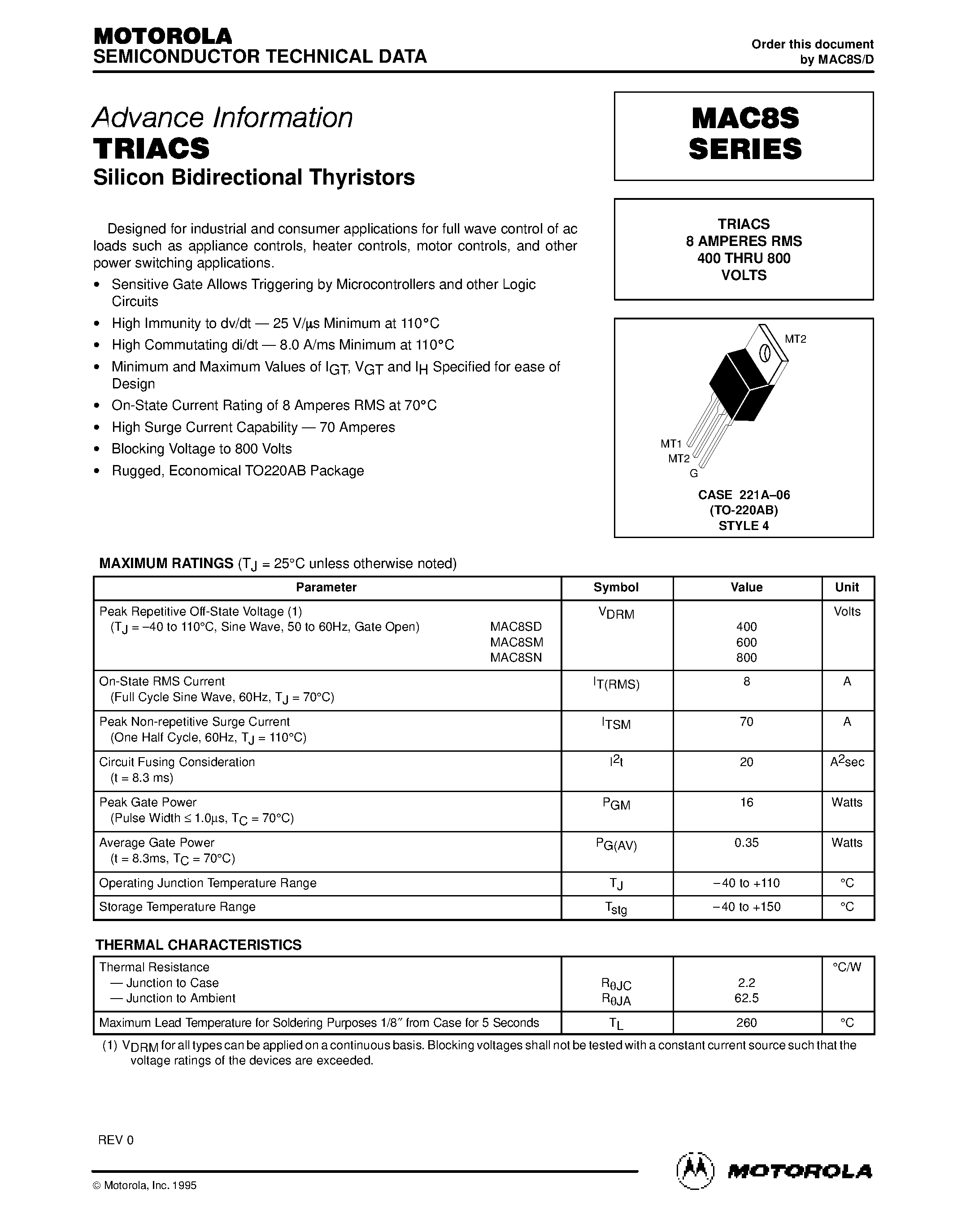 Datasheet MAC8SD page 1 Datasheet MAC8SD - TRIACS 8 AMPERES RMS 400 THRU 800 VOLTS page 1