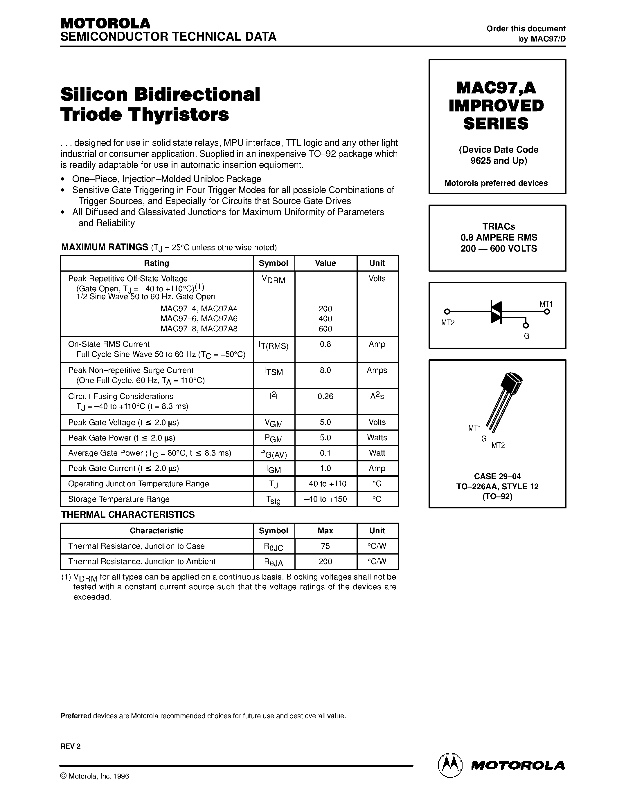 Datasheet MAC97A6 - TRIACs 0.8 AMPERE RMS 200 - 600 VOLTS page 1