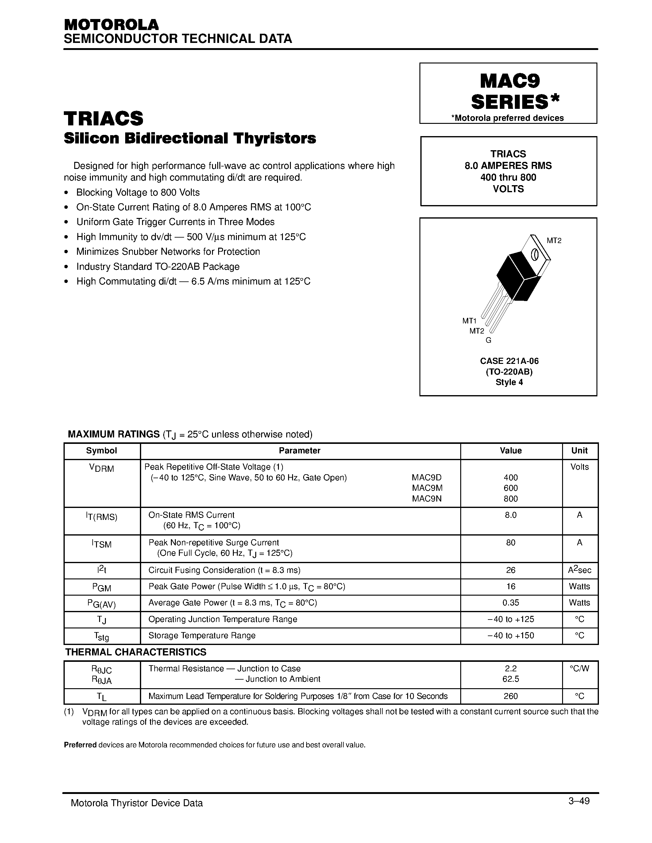 Datasheet MAC9M - TRIACS 8.0 AMPERES RMS 400 thru 800 VOLTS page 1