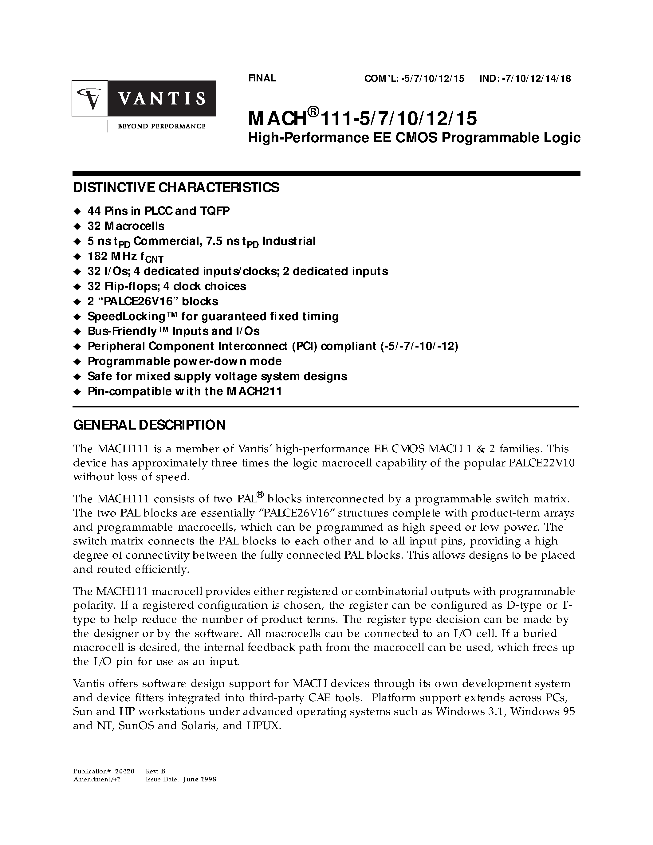 Datasheet MACH111-5 - High-Performance EE CMOS Programmable Logic page 1