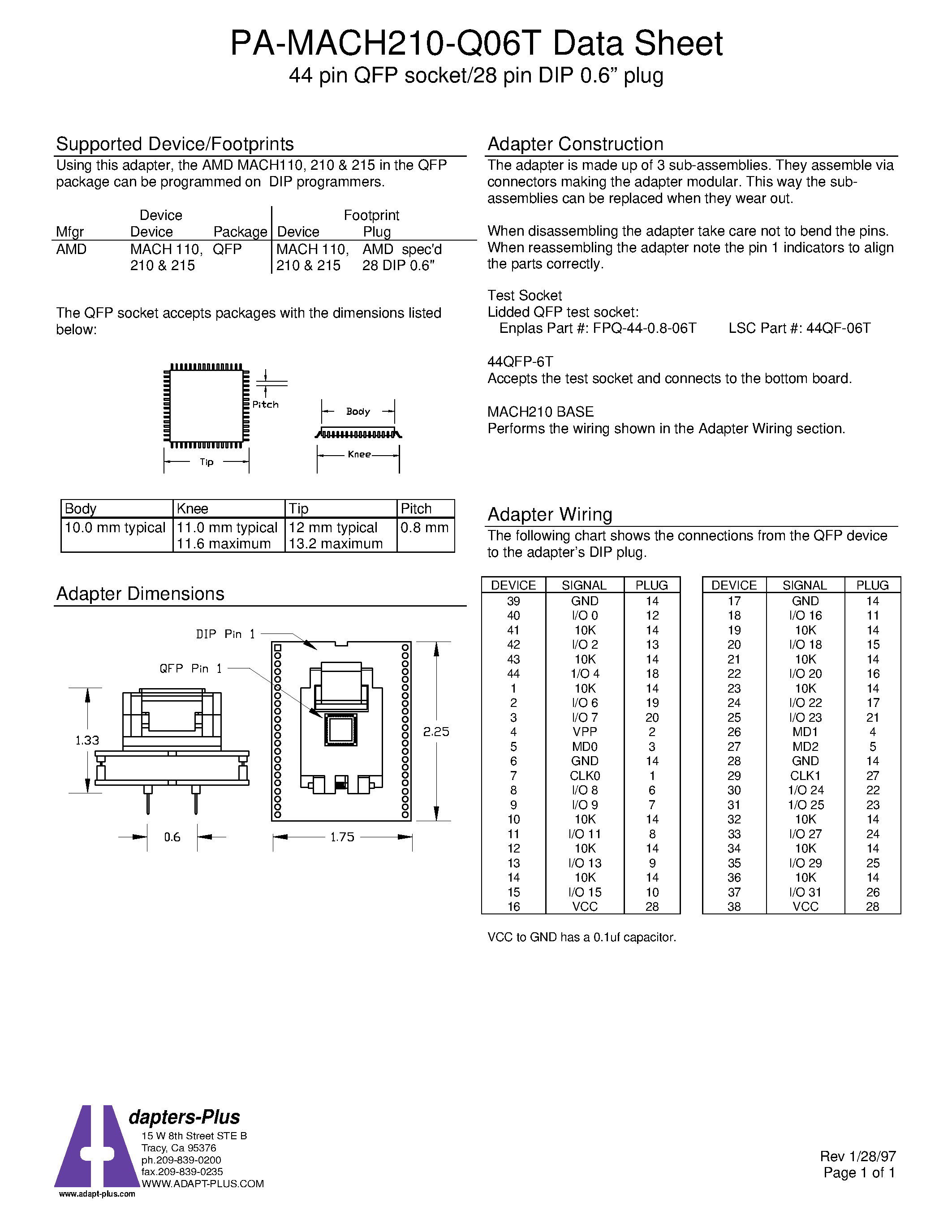 Datasheet MACH210 - 44 pin QFP socket/28 pin DIP 0.6 plug page 1