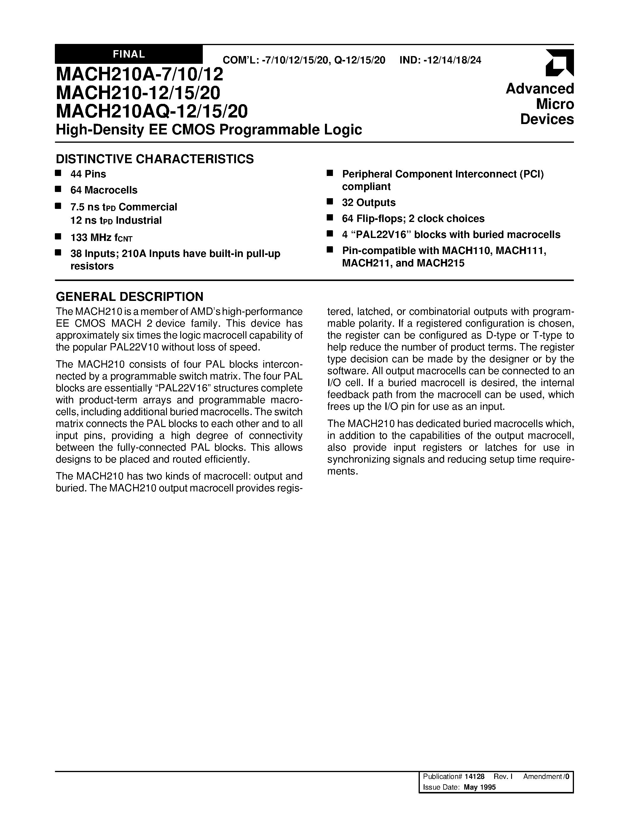 Datasheet MACH210A-7 - High-Density EE CMOS Programmable Logic page 1