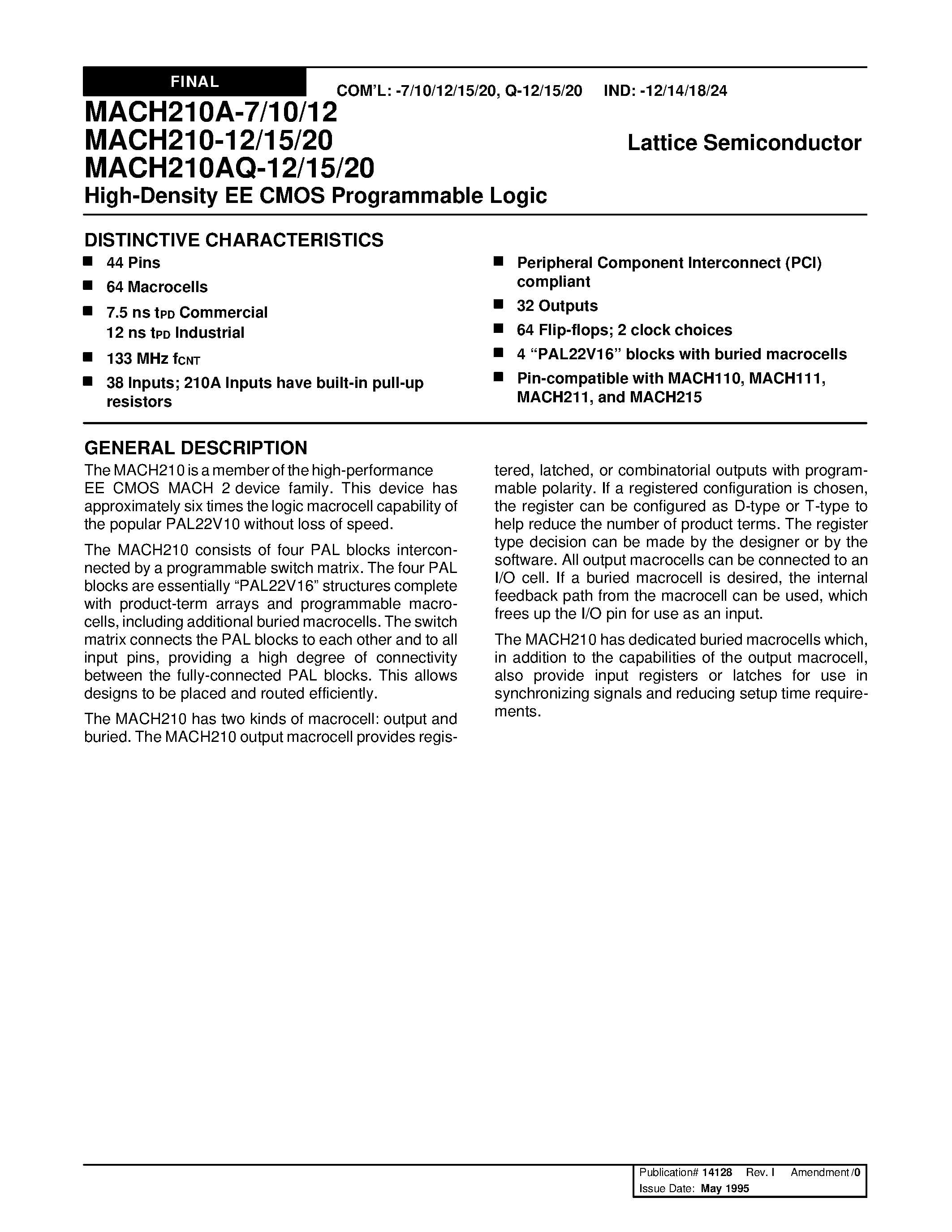 Datasheet MACH210A-7 - High-Density EE CMOS Programmable Logic page 1