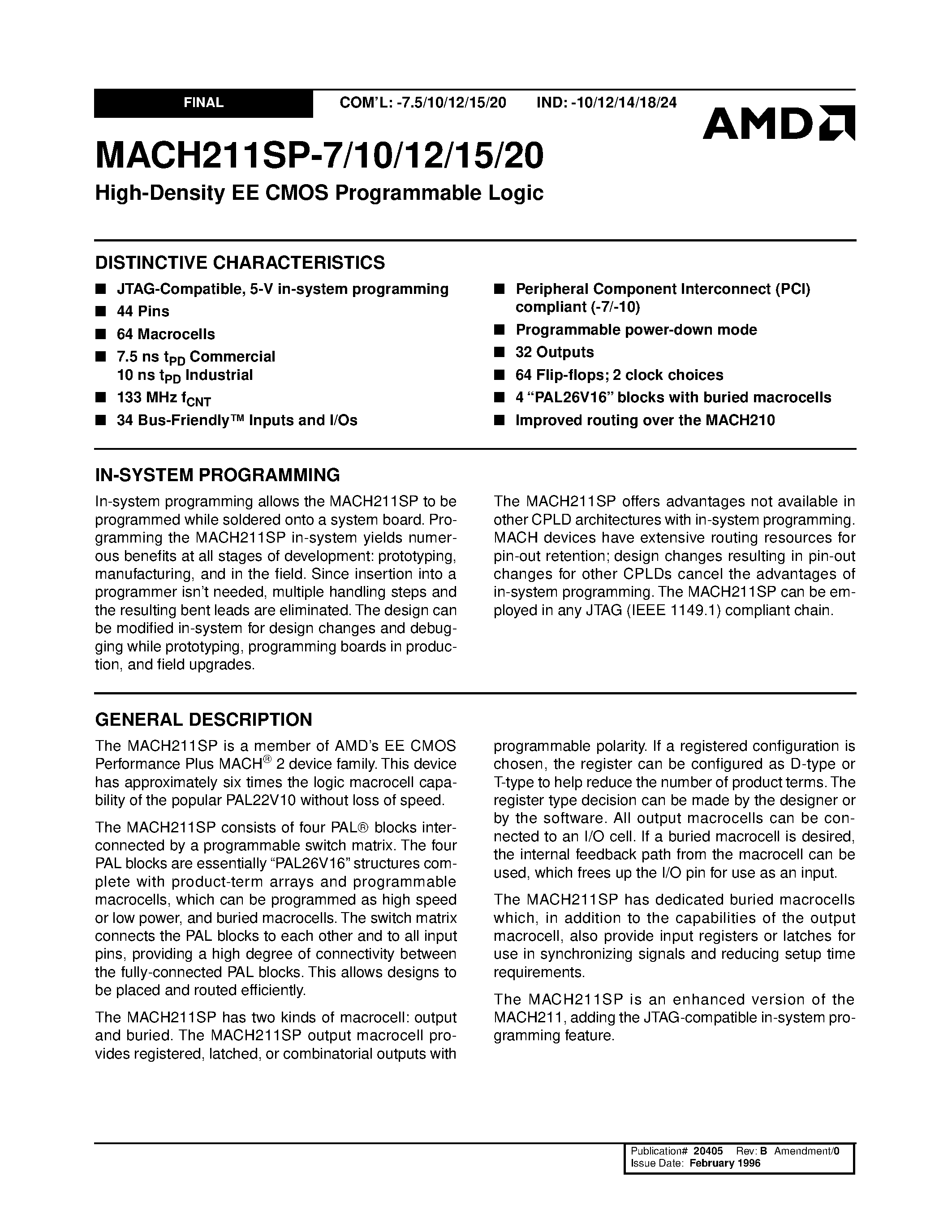 Datasheet MACH211SP-7 - High-Density EE CMOS Programmable Logic page 1