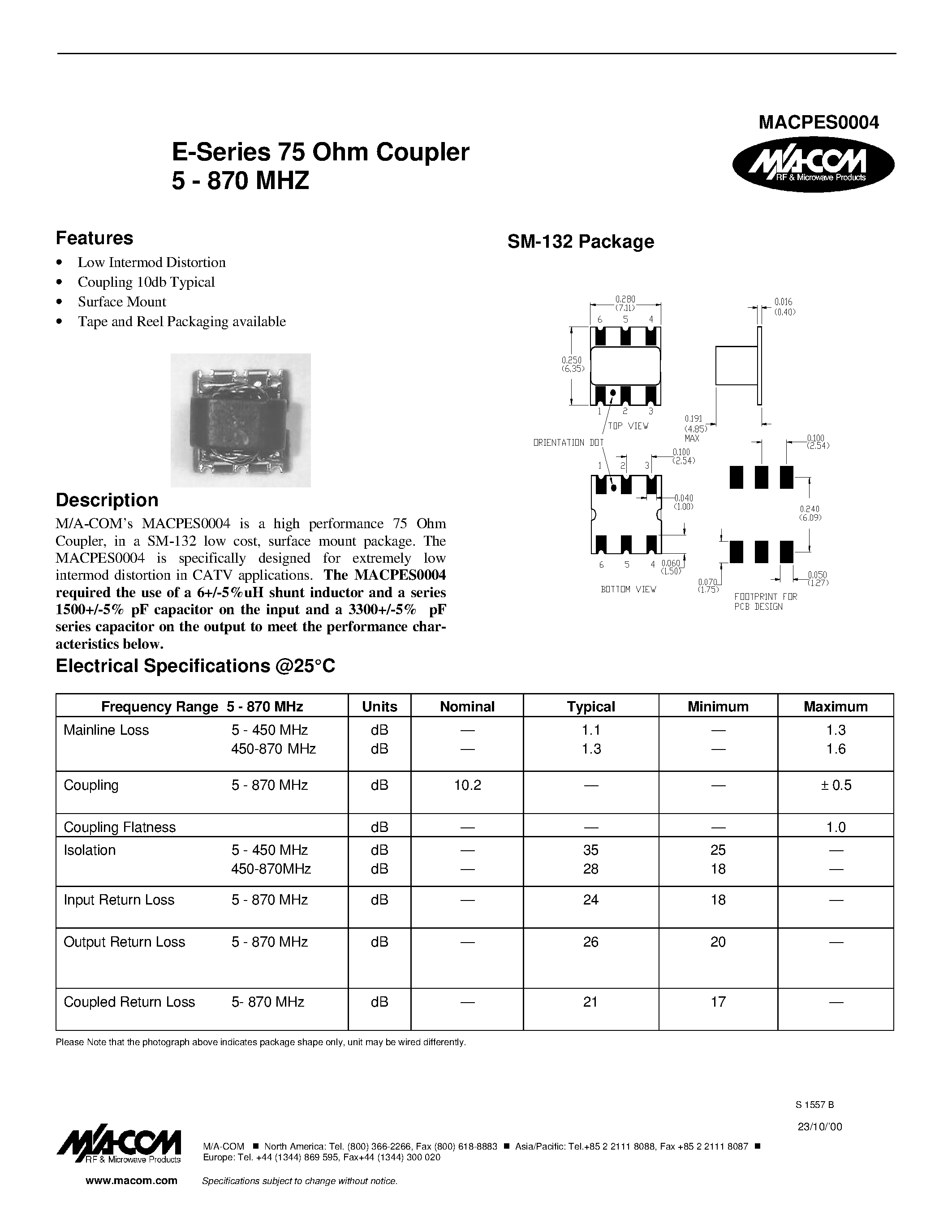 Datasheet MACPES0004 - E-Series 75 Ohm Coupler 5 - 870 MHZ page 1