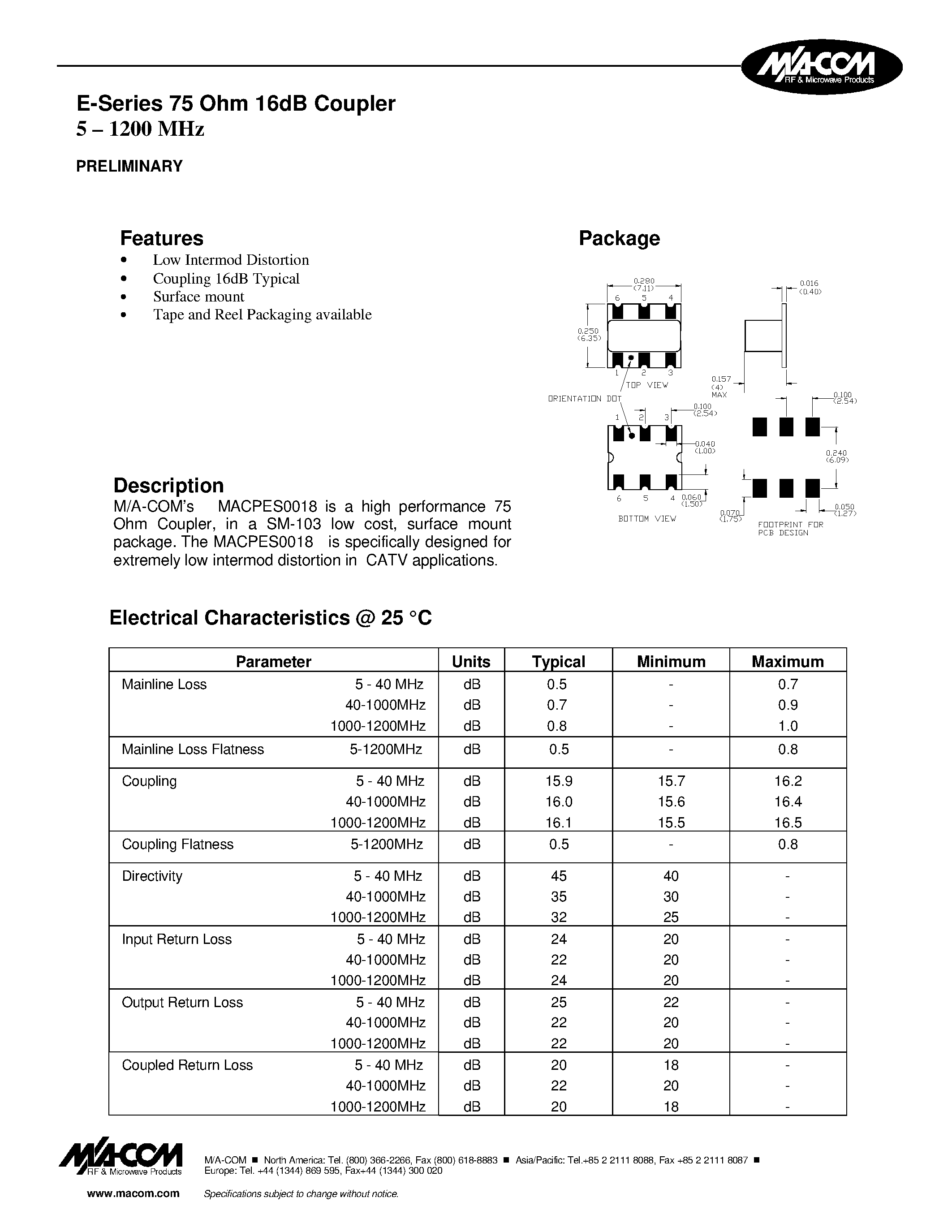 Datasheet MACPES0018 - E-Series 75 Ohm 16dB Coupler 5 - 1200 MHz page 1