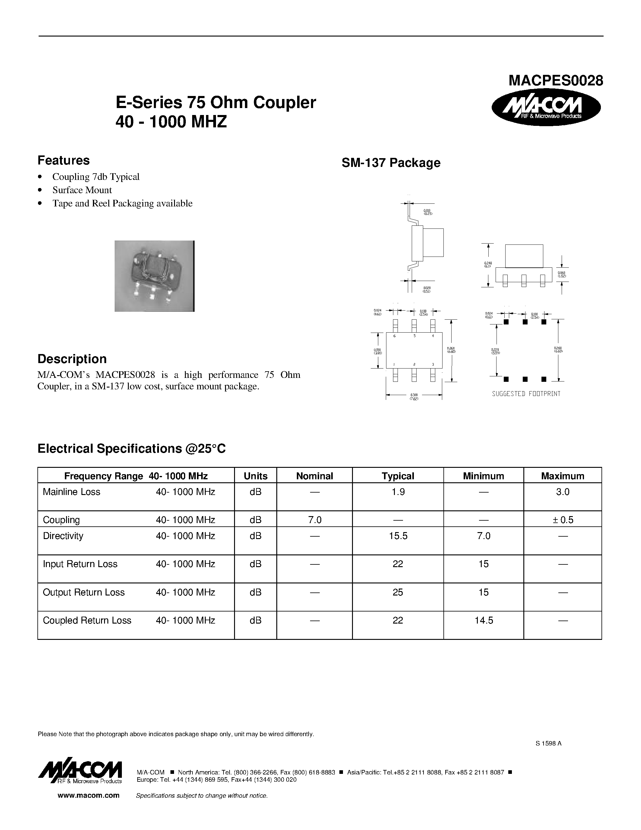 Datasheet MACPES0028 - E-Series 75 Ohm Coupler 40 - 1000 MHZ page 1