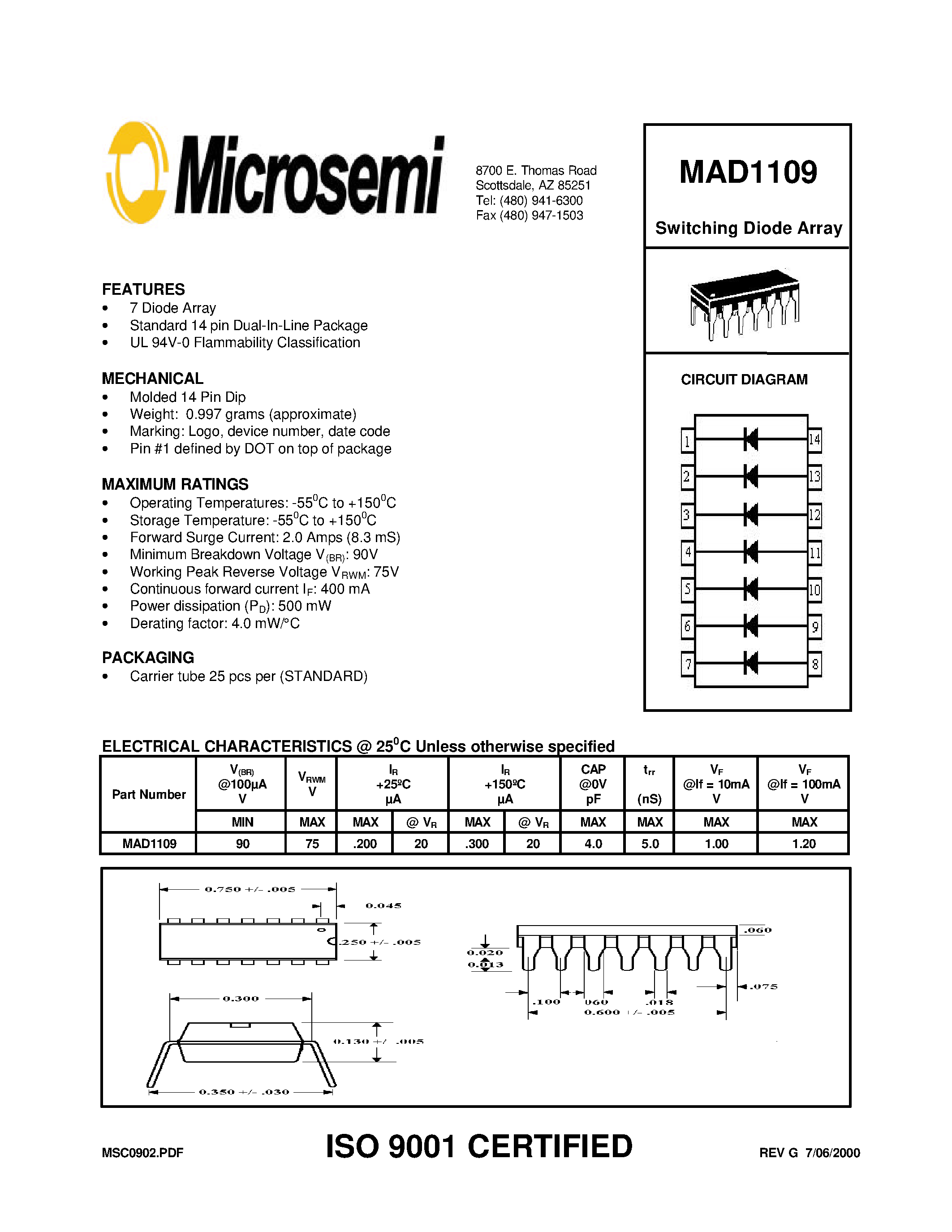 Datasheet MAD1109 page 1 Datasheet MAD1109 - Switching Diode Array page 1