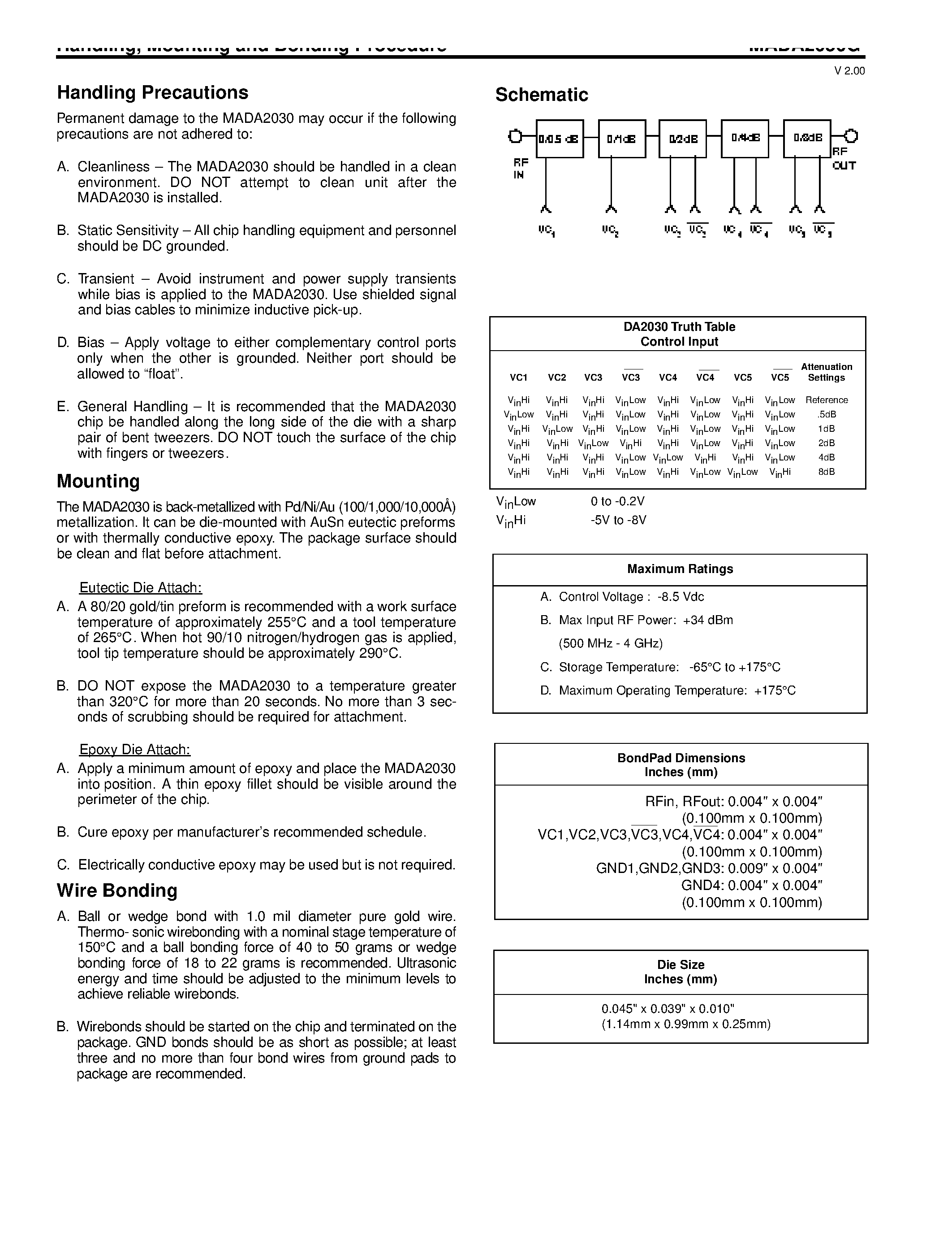 Datasheet MADA2030G - 5-Bit GaAs Digital Attenuator DC - 2 GHz page 2