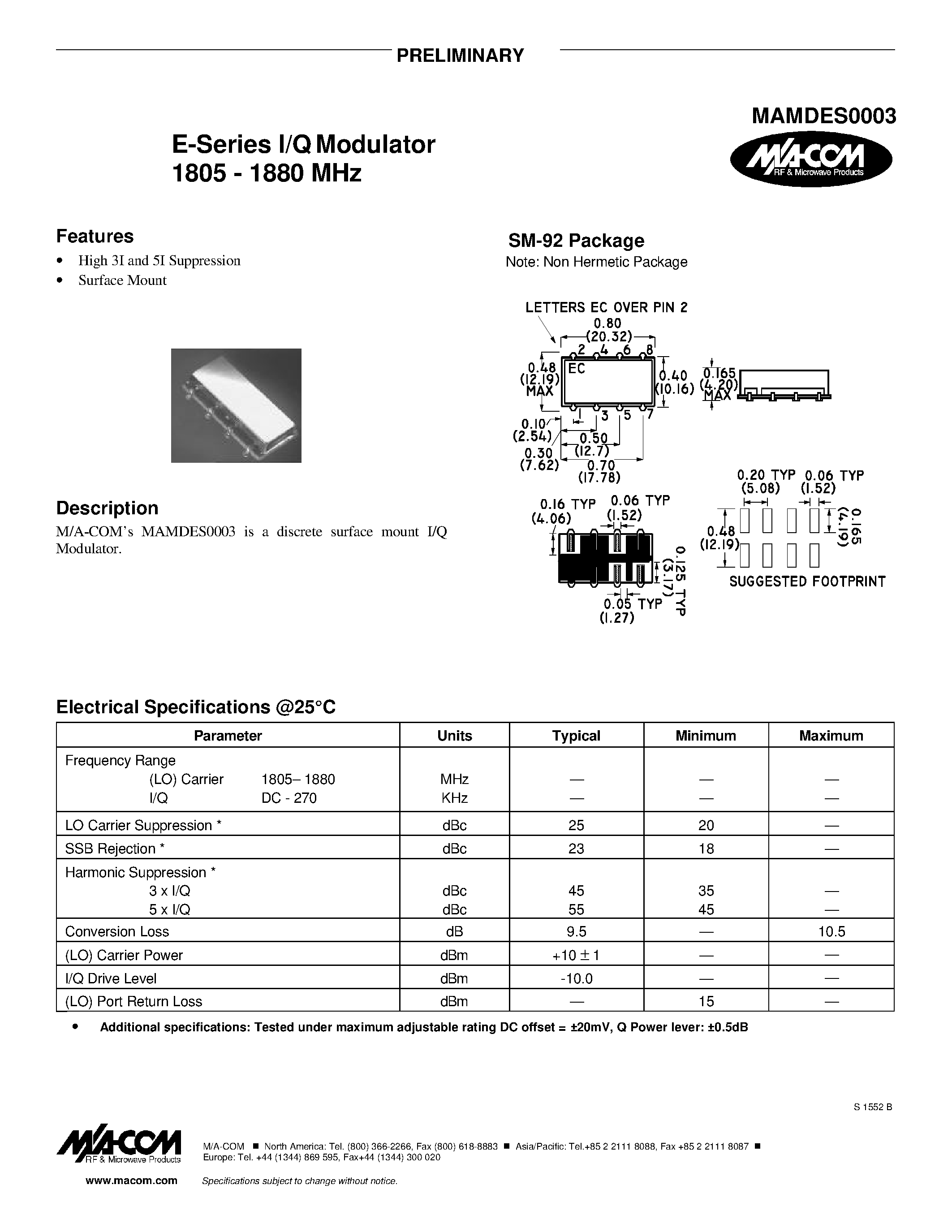 Даташит на микросхему MAMDES0003 страница 1 Даташит MAMDES0003 - E-Series I/Q Modulator 1805 - 1880 MHz страница 1
