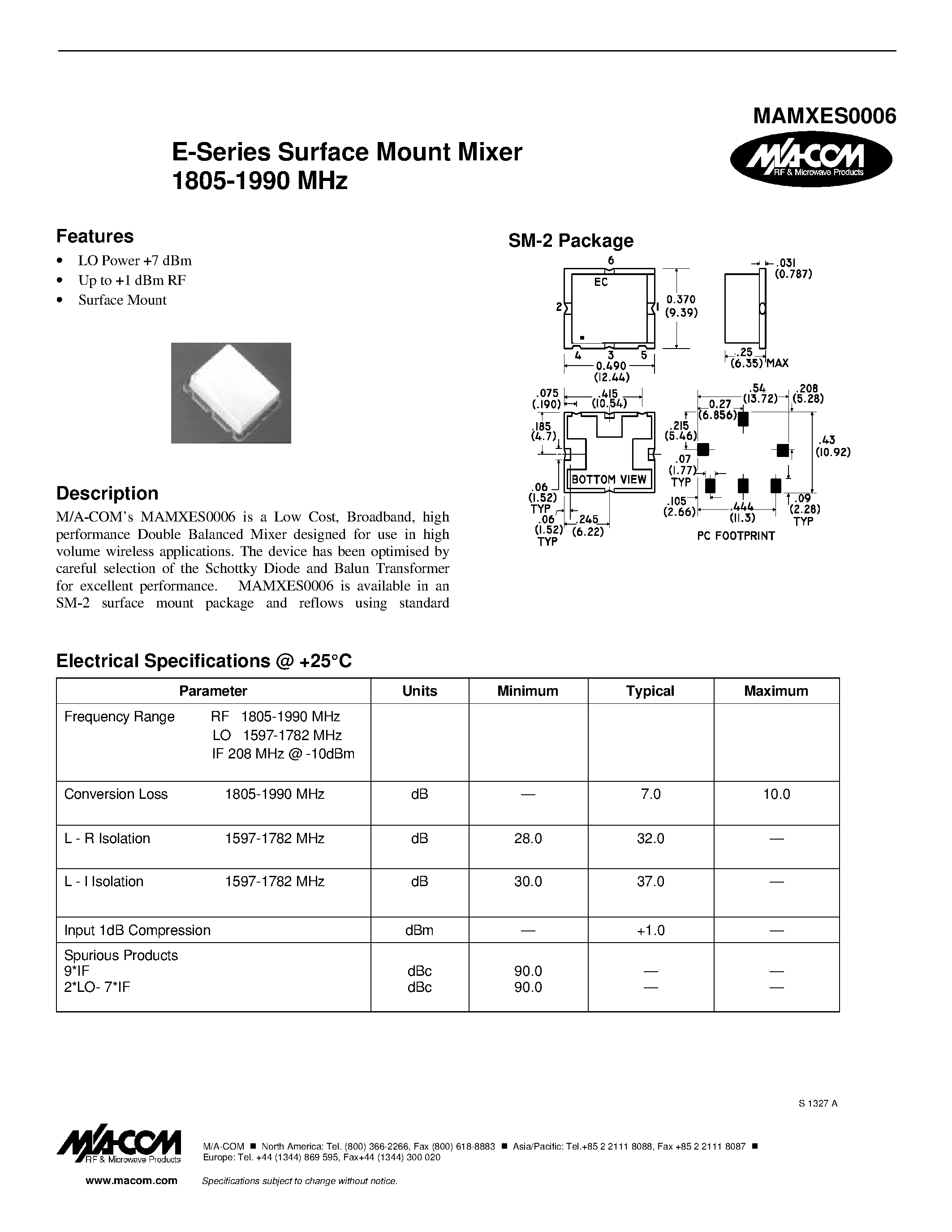 Даташит MAMXES0006 - E-Series Surface Mount Mixer 1805-1990 MHz страница 1