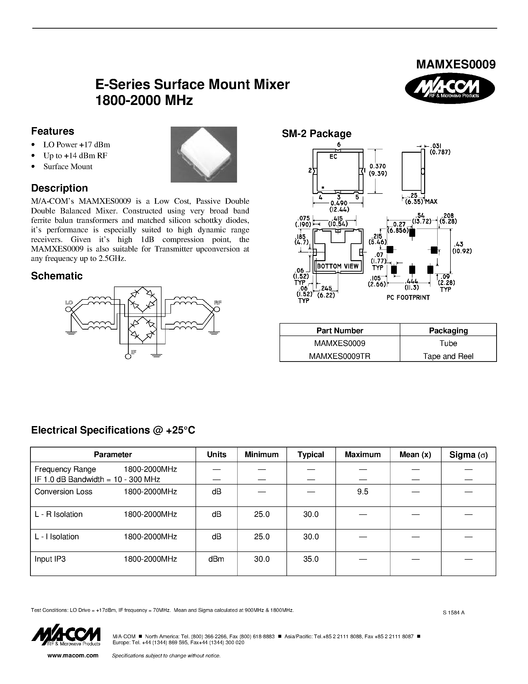 Даташит MAMXES0009 - E-Series Surface Mount Mixer 1800-2000 MHz страница 1