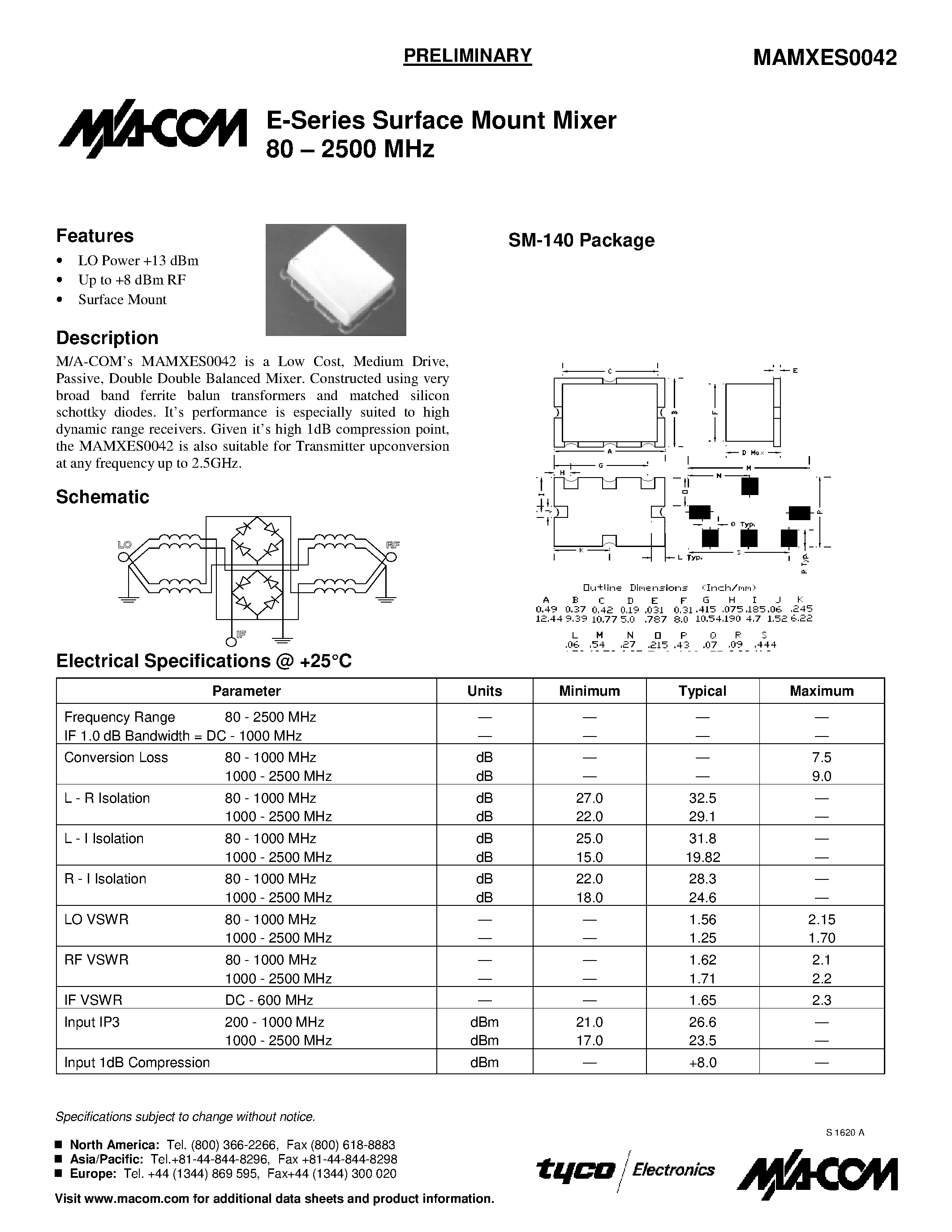 Datasheet MAMXES0042 - E-Series Surface Mount Mixer 80 . 2500 MHz page 1