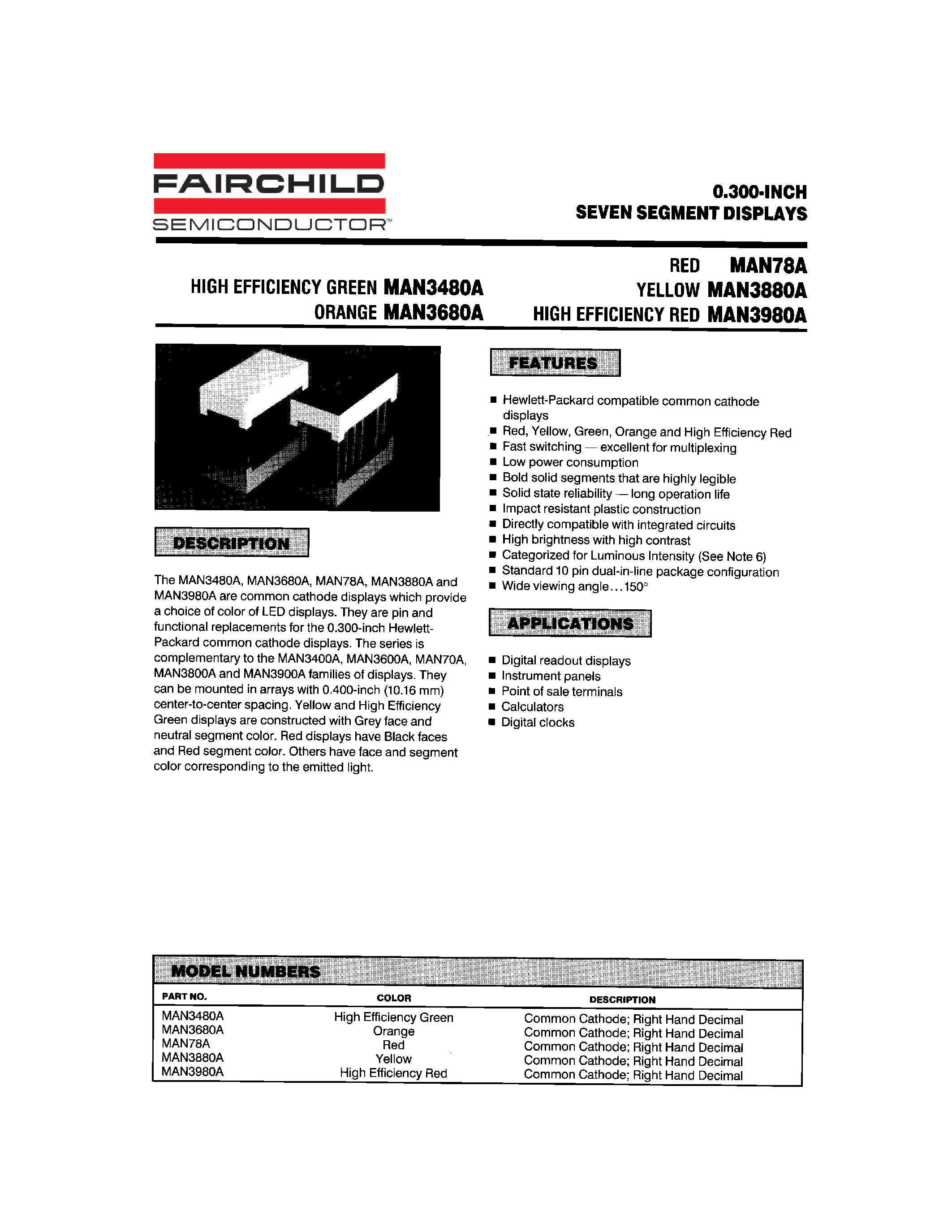 Datasheet MAN3480A page 1 Datasheet MAN3480A - 0.300-INCH SEVEN SEGMENT DISPLAYS page 1