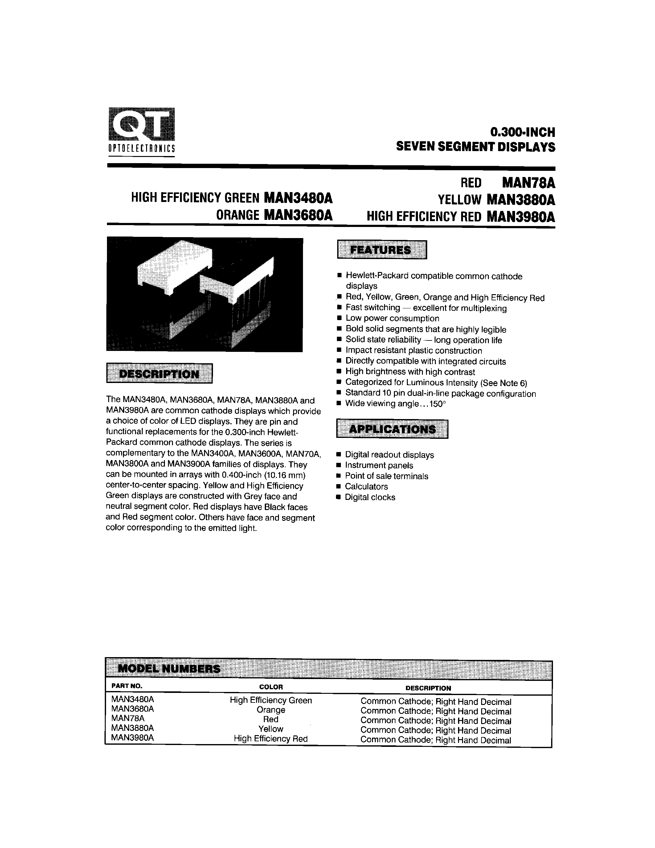 Datasheet MAN3480A - 0.300-INCH SEVEN SEGMENT DISPLAYS page 1