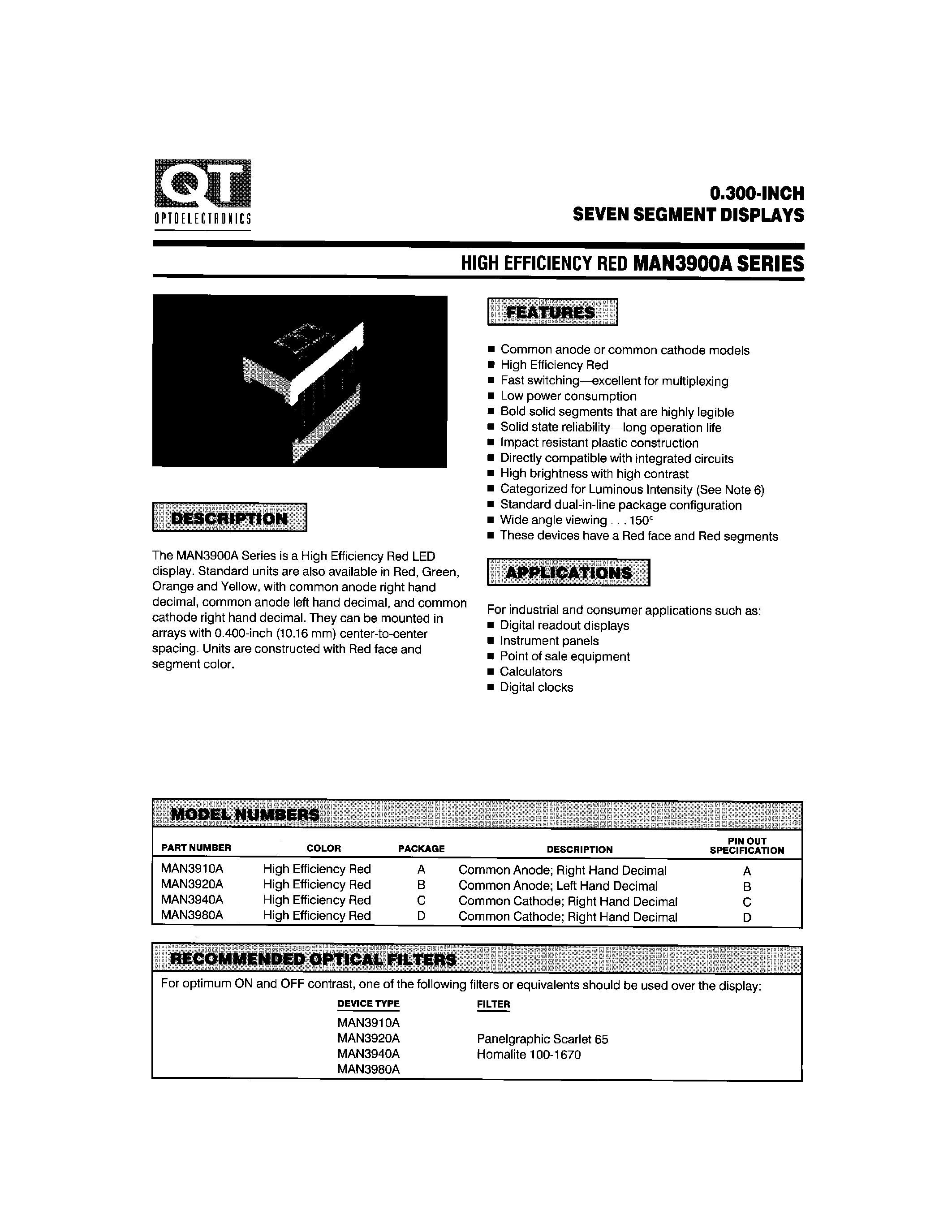Datasheet MAN3940A - 0.300-INCH SEVEN SEGMENT DISPLAYS page 1
