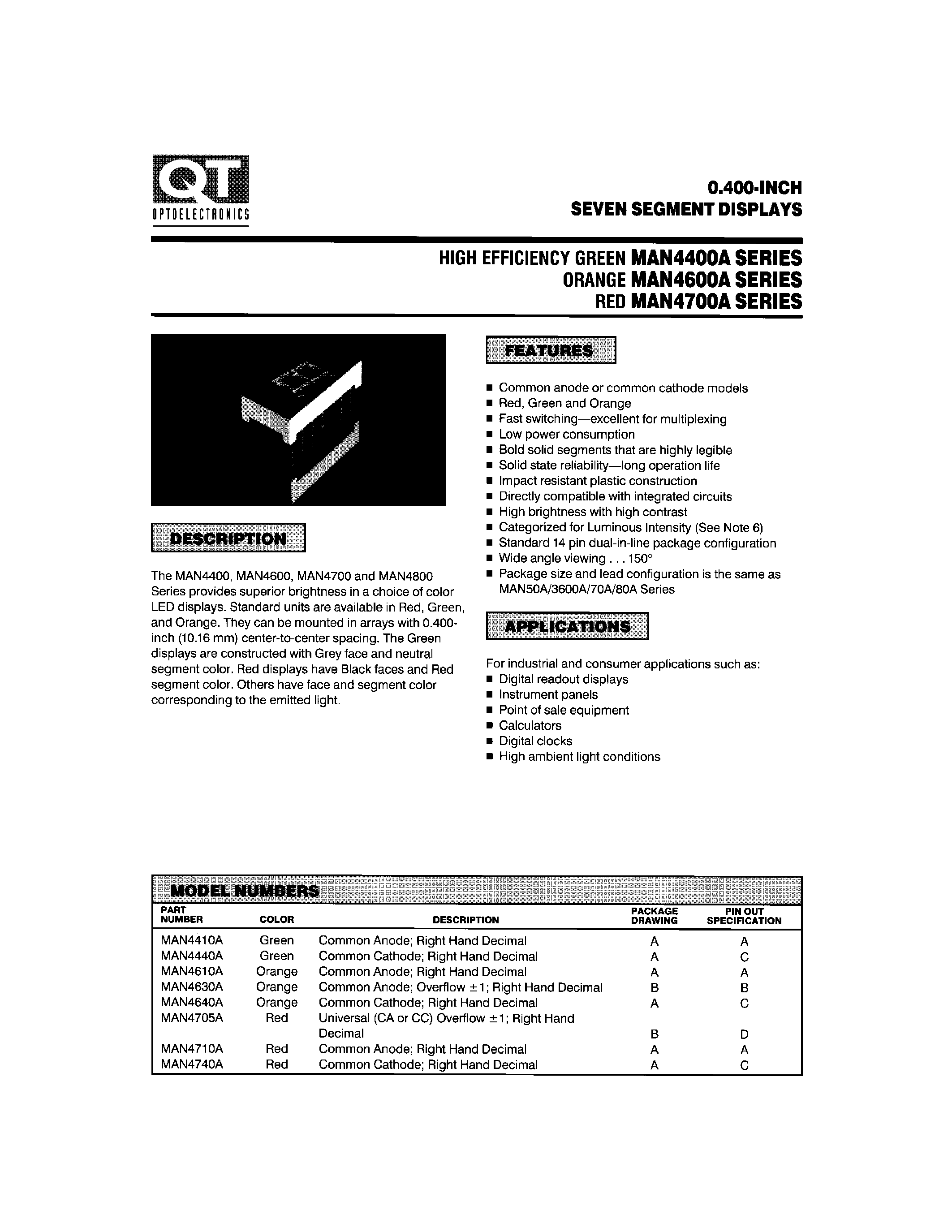 Datasheet MAN4410A page 1 Datasheet MAN4410A - 0.400-INCH SEVEN SEGMENT DISPLAYS page 1