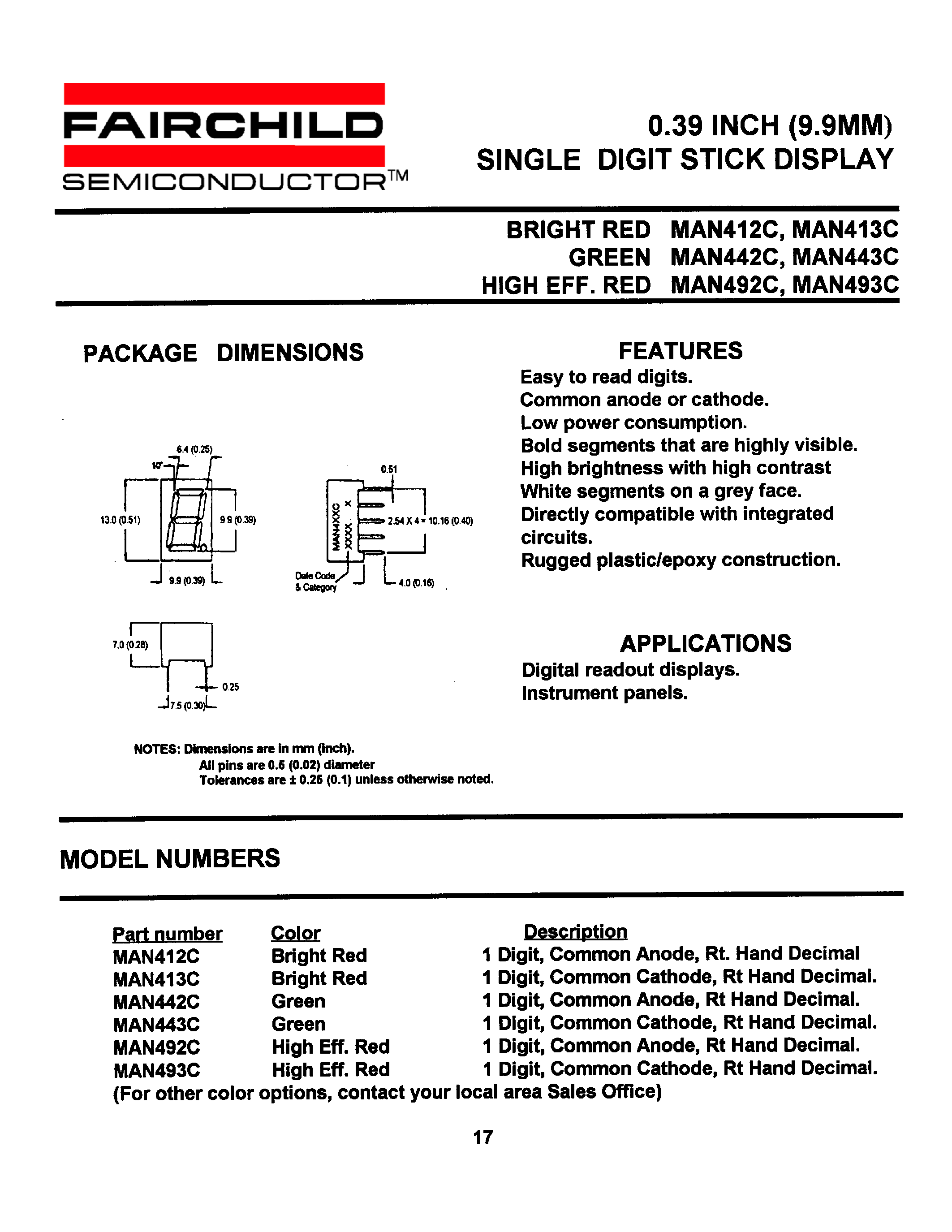 Datasheet MAN442C - 0.39 INCH (9.9MM) SINGLE DIGIT STICK DISPLAY page 1