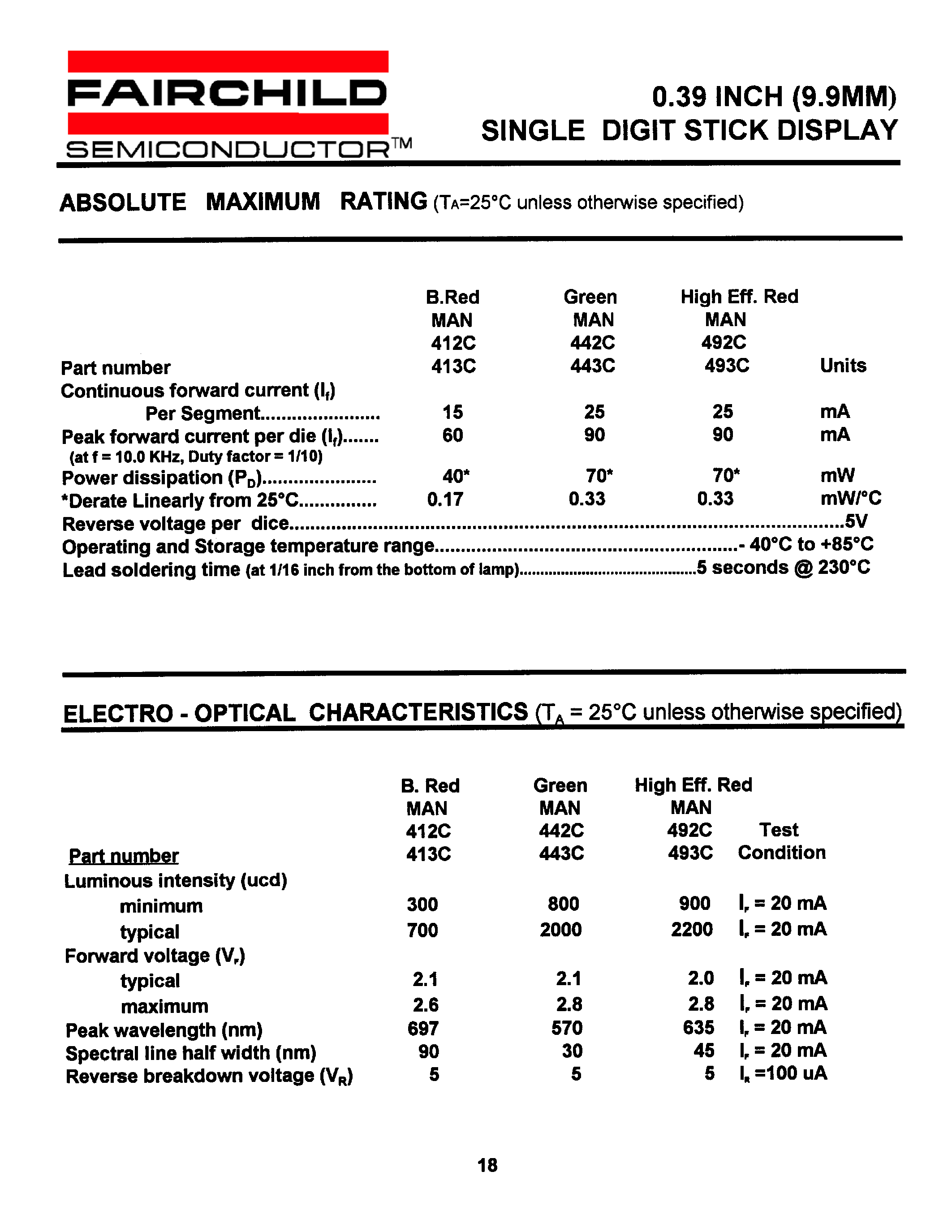 Datasheet MAN493C - 0.39 INCH (9.9MM) SINGLE DIGIT STICK DISPLAY page 2