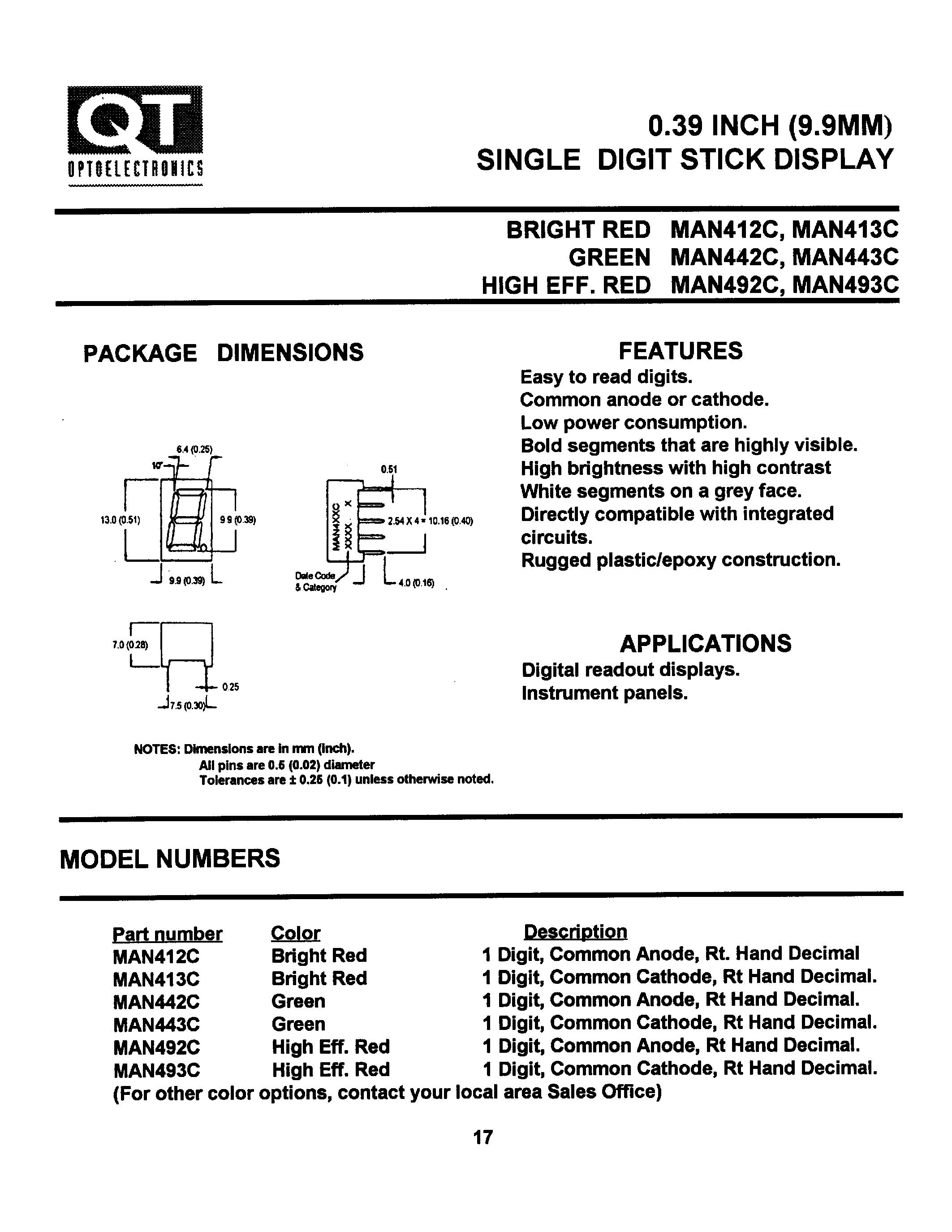 Datasheet MAN493C - 0.39 INCH (9.9MM) SINGLE DIGIT STICK DISPLAY page 1