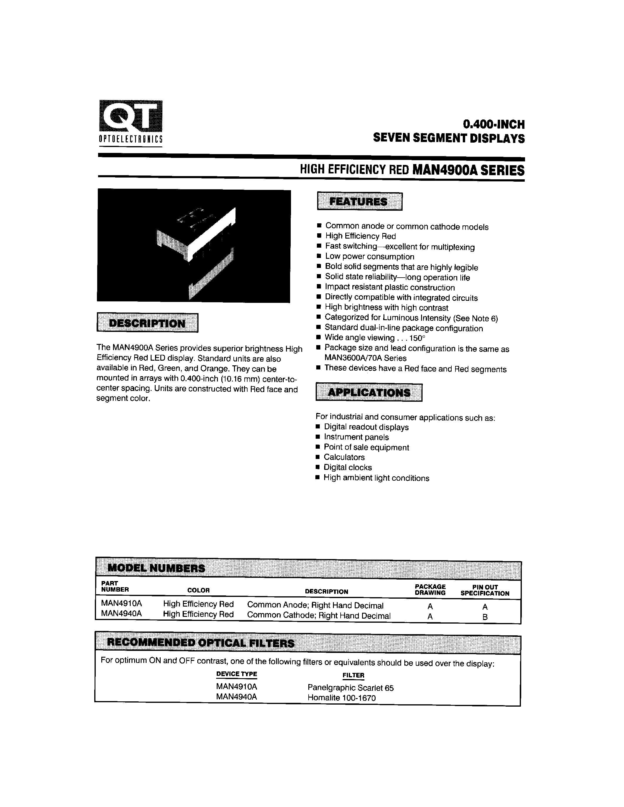 Datasheet MAN4940A - 0.400-INCH SEVEN SEGMENT DISPLAYS page 1