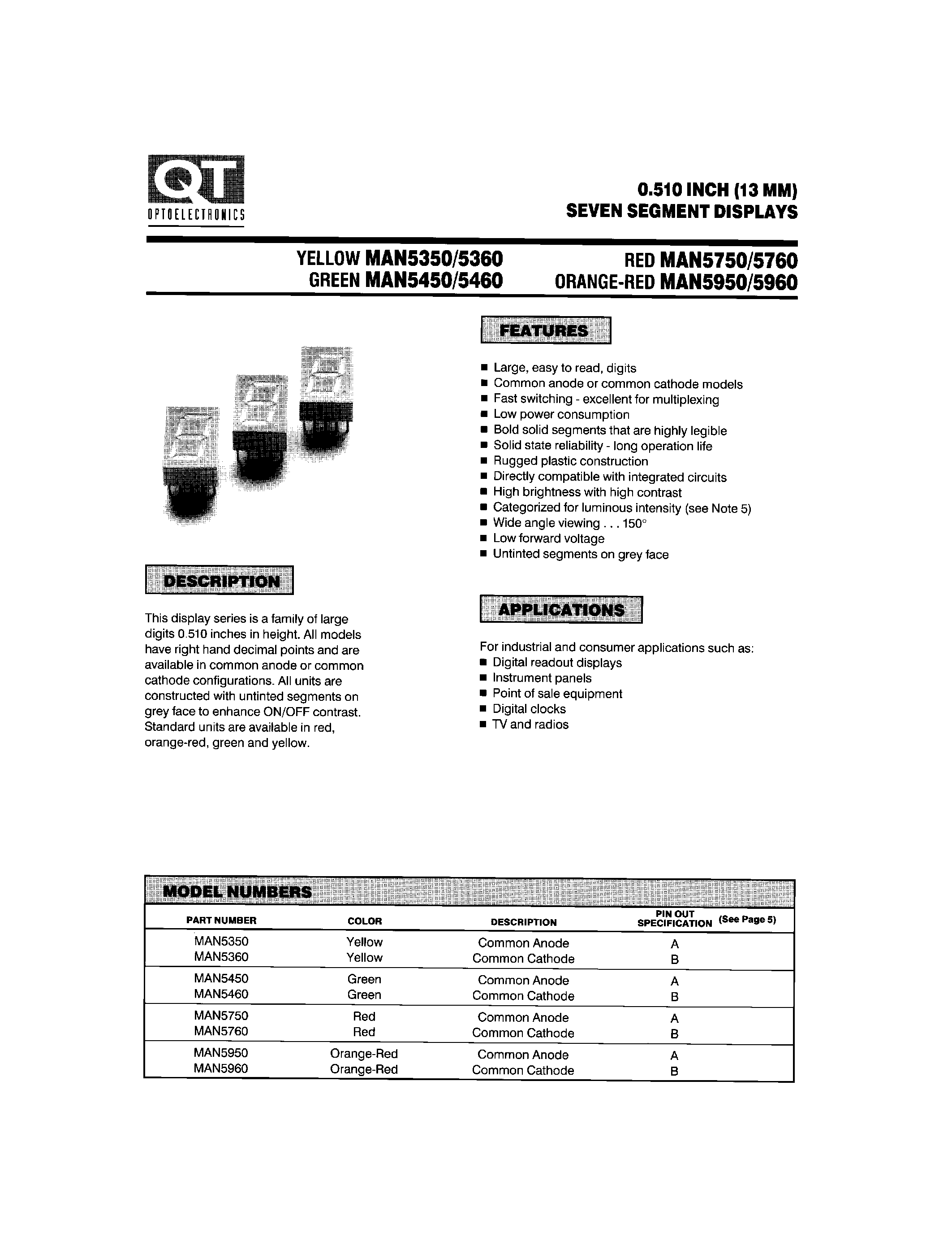 Datasheet MAN5450 - 0.510 INCH (13MM) SEVEN SEGMENT DISPLAYS page 1