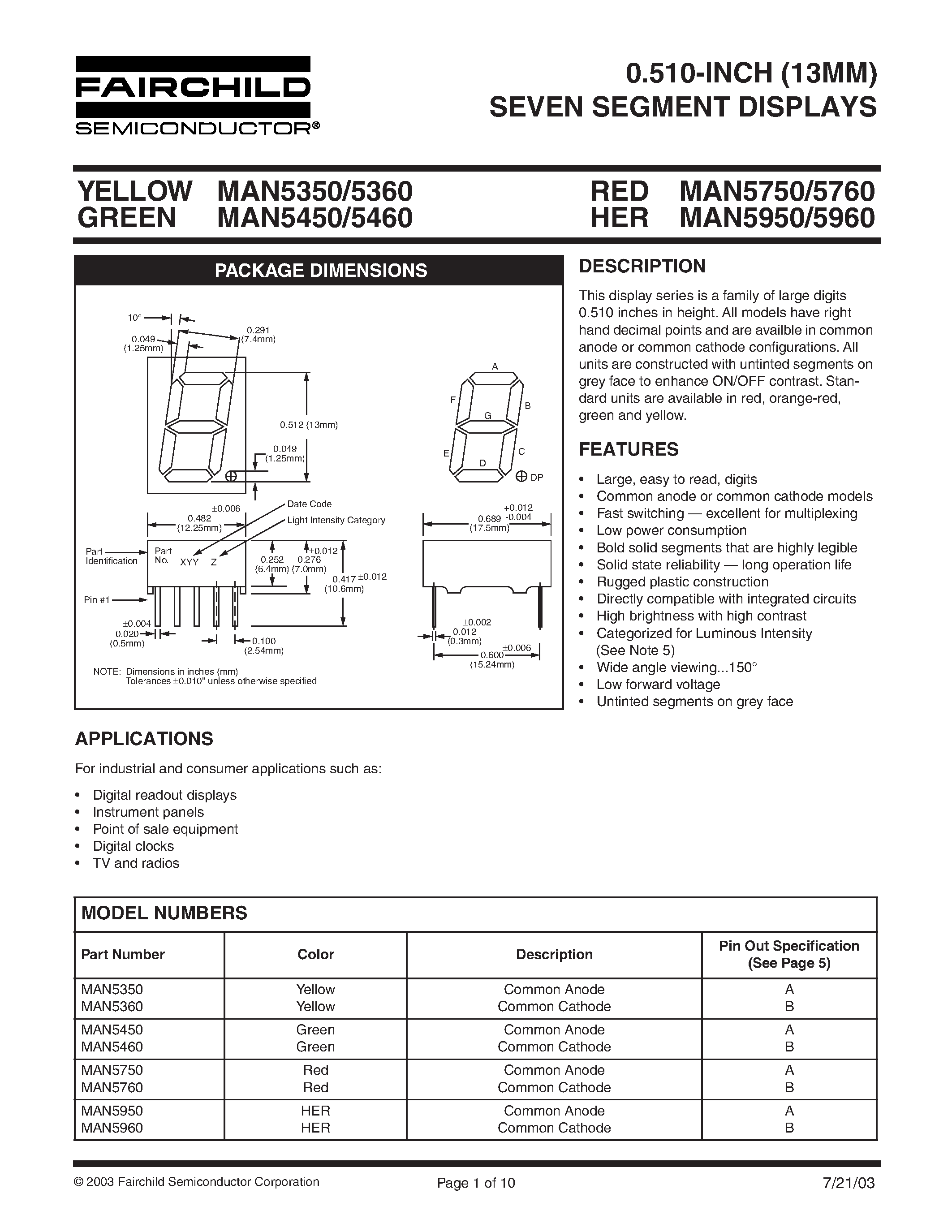 Datasheet MAN5950 - 0.510-INCH (13MM) SEVEN SEGMENT DISPLAYS page 1