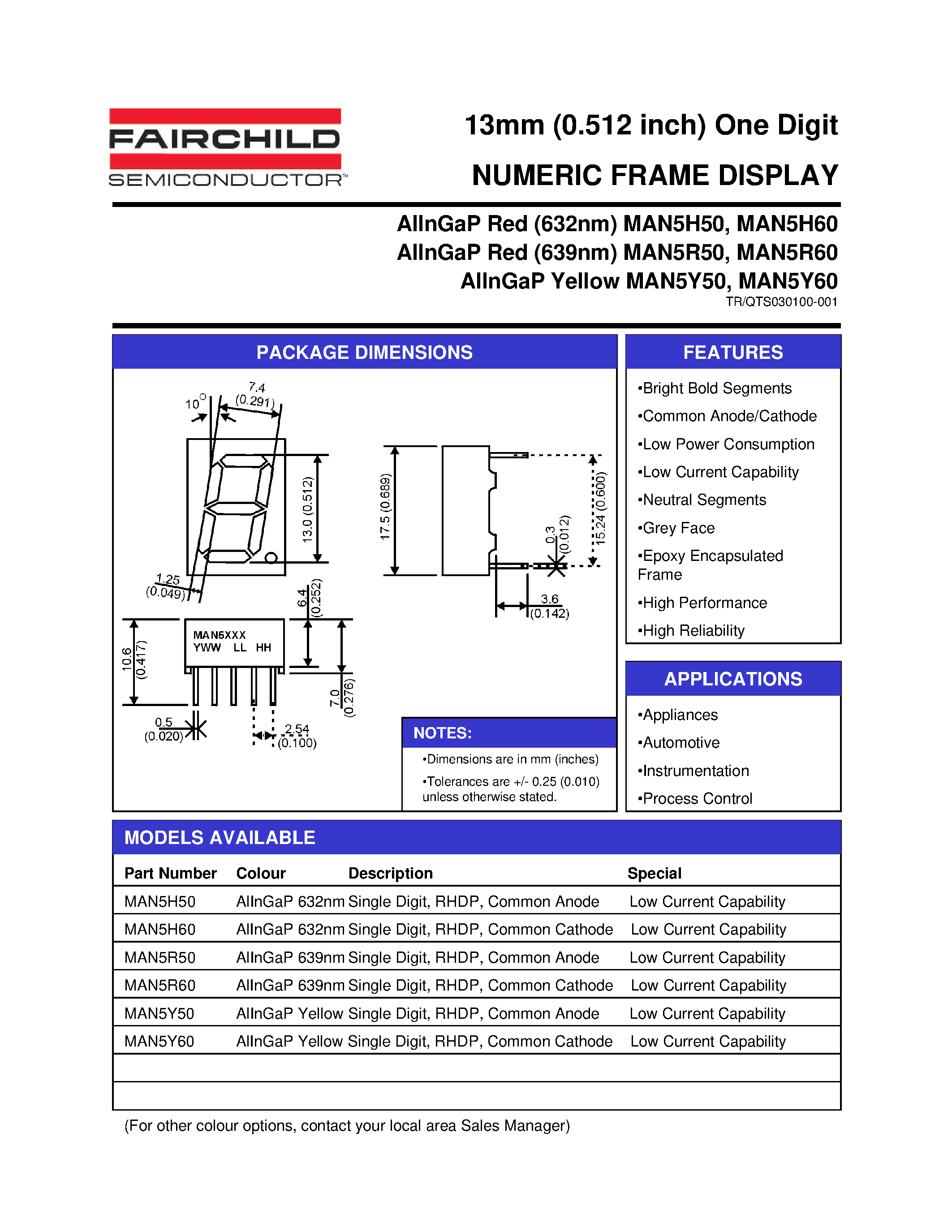Datasheet MAN5Y50 - 13mm (0.512 inch) One Digit NUMERIC FRAME DISPLAY page 1