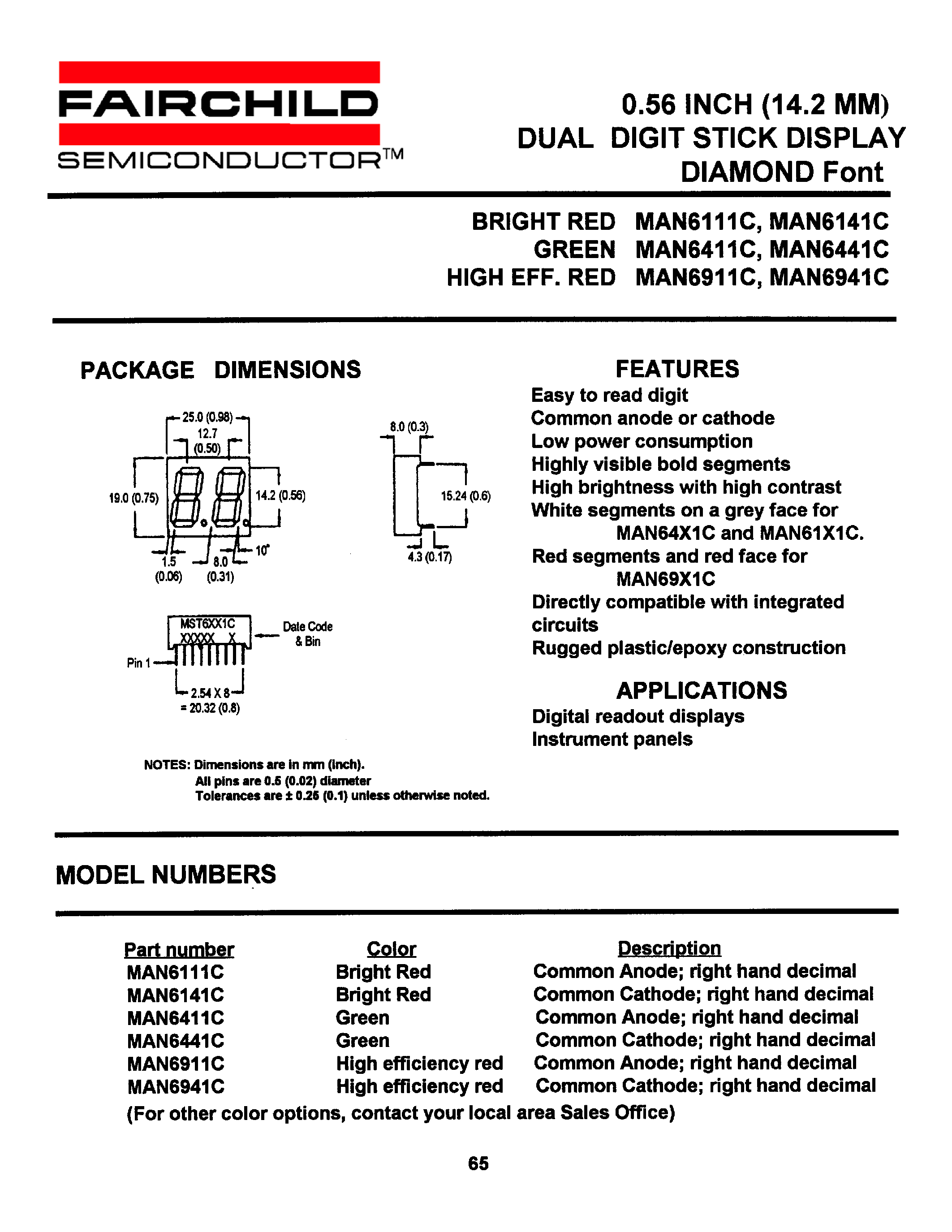 Datasheet MAN6111C - 0.56 INCH (14.2 MM) DUAL DIGIT STICK DISPLAY DIAMOND Font page 1