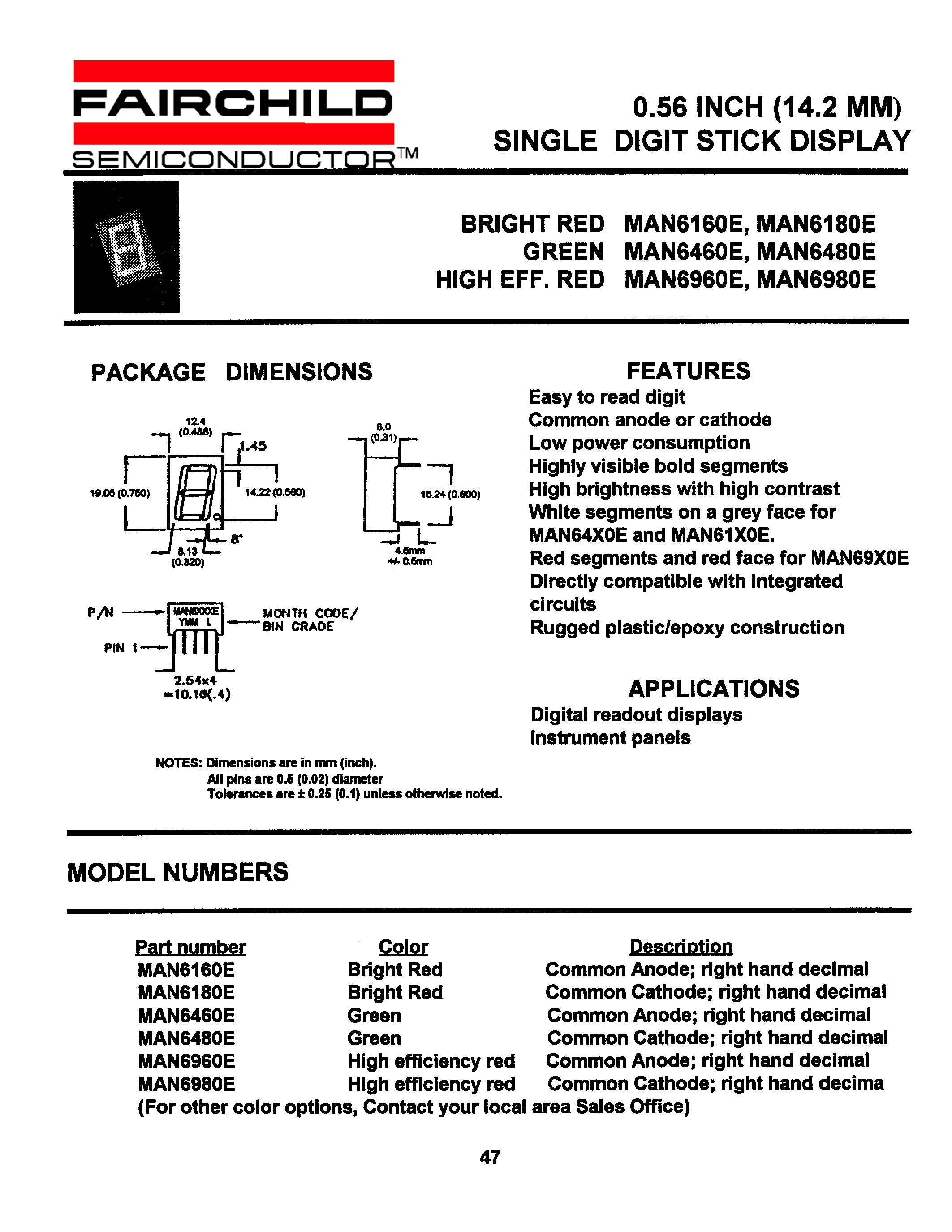 Datasheet MAN6160E - 0.56 INCH (14.2 MM) SINGLE DIGIT STICK DISPLAY page 1