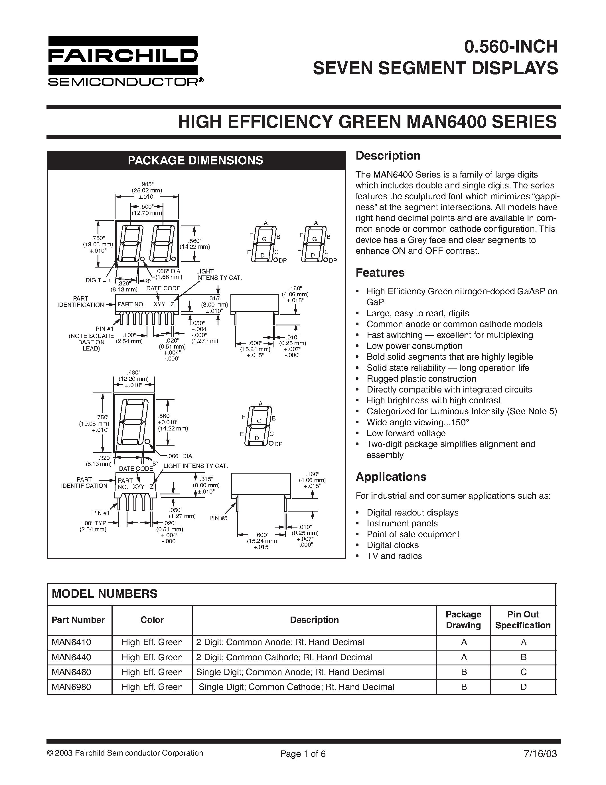 Datasheet MAN6460 - 0.560-INCH SEVEN SEGMENT DISPLAYS page 1