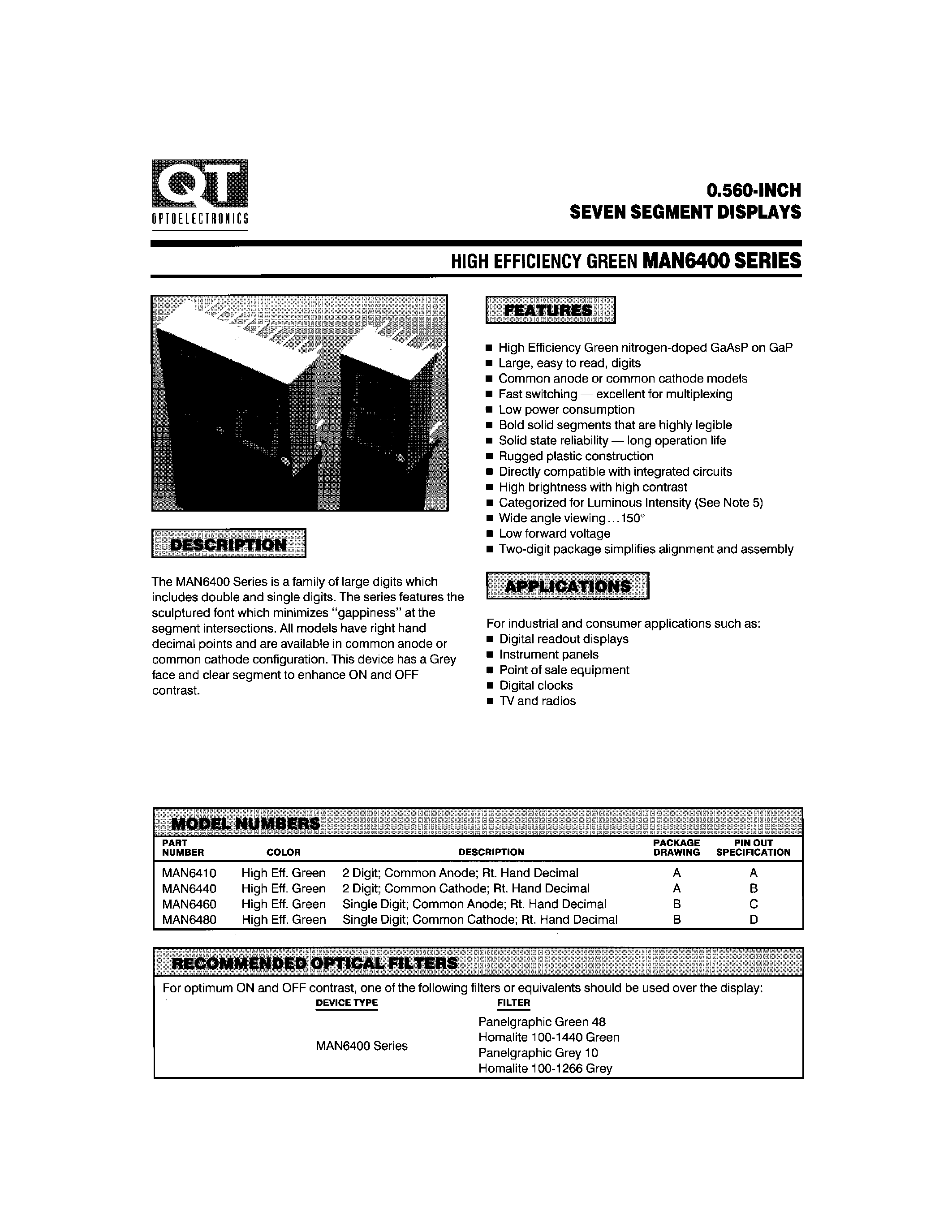 Datasheet MAN6460 - 0.560-INCH SEVEN SEGMENT DISPLAYS page 1