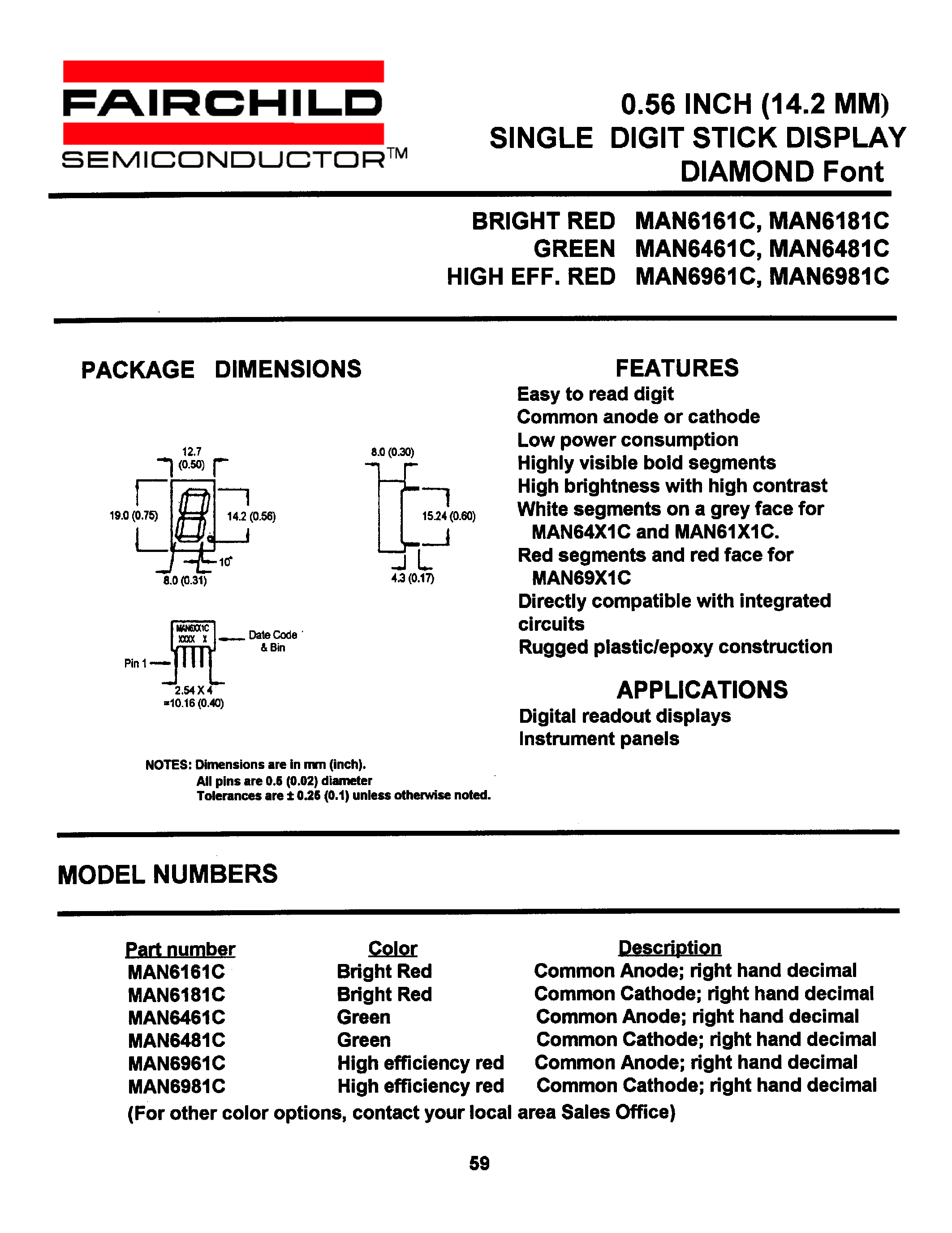 Datasheet MAN6481C - 0.56 INCH (14.2 MM) SINGLE DIGIT STICK DISPLAY DIAMOND Font page 1