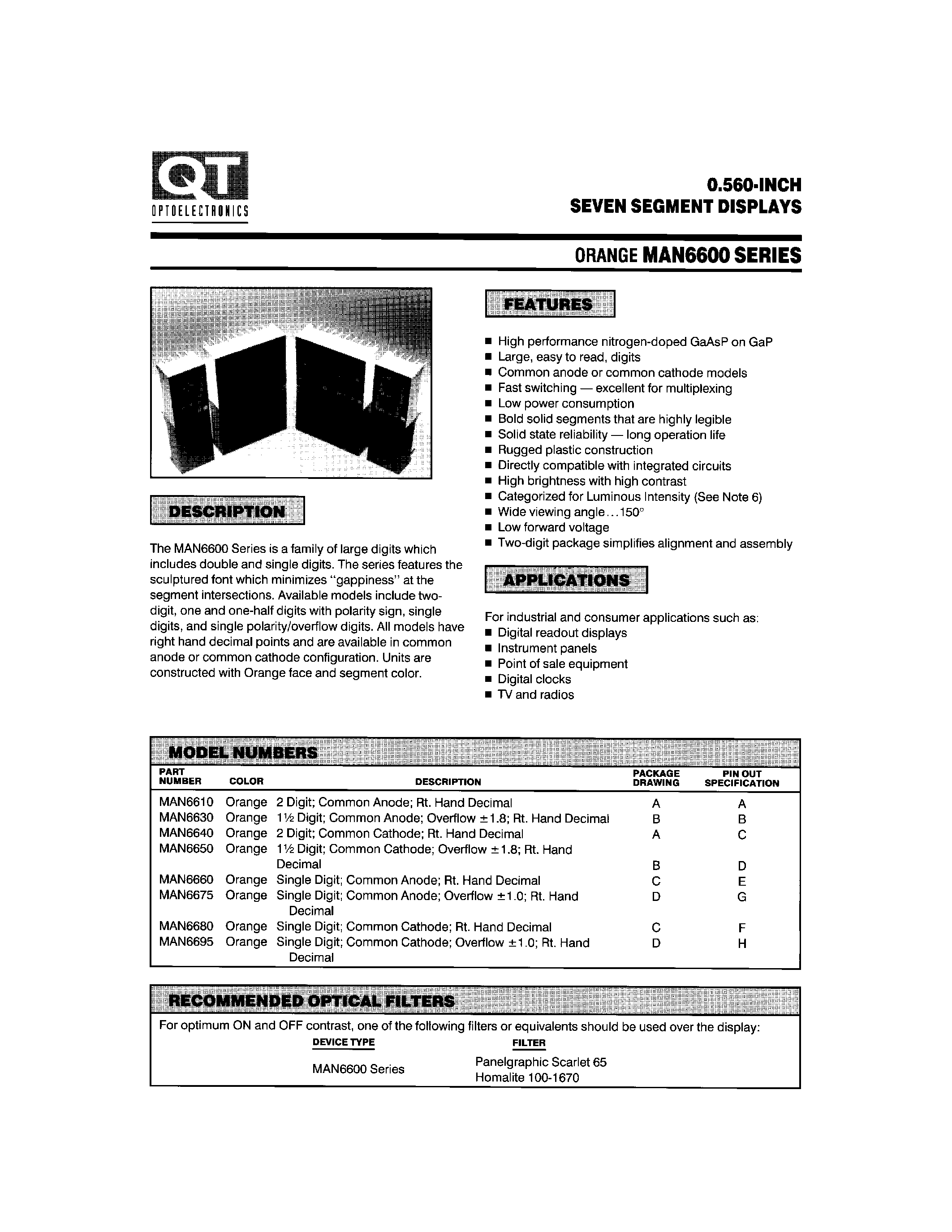Datasheet MAN6600 - 0.560-INCH SEVEN SEGMENT DISPLAYS page 1