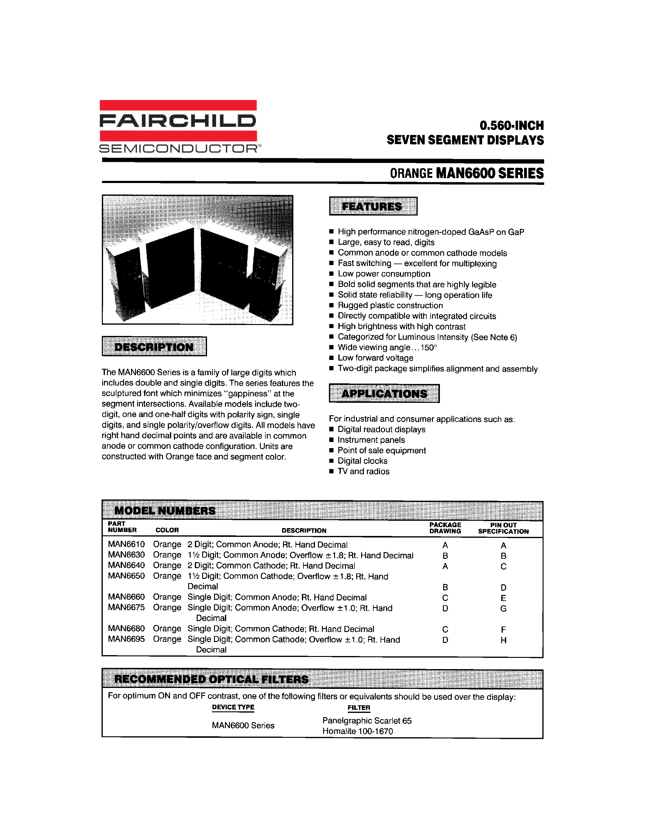 Datasheet MAN6630 - 0.560-INCH SEVEN SEGMENT DISPLAYS page 1
