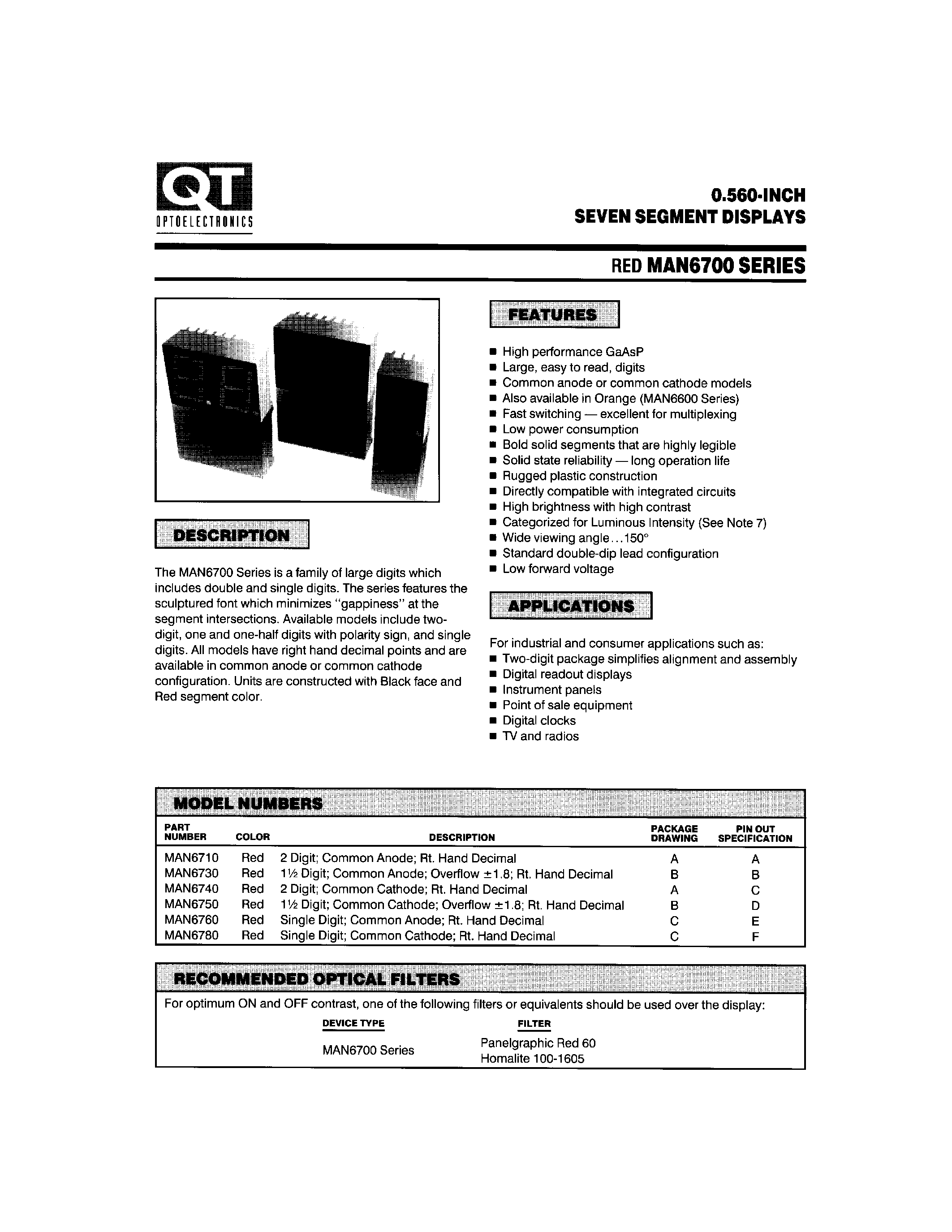 Datasheet MAN6750 - 0.560-INCH SEVEN SEGMENT DISPLAYS page 1
