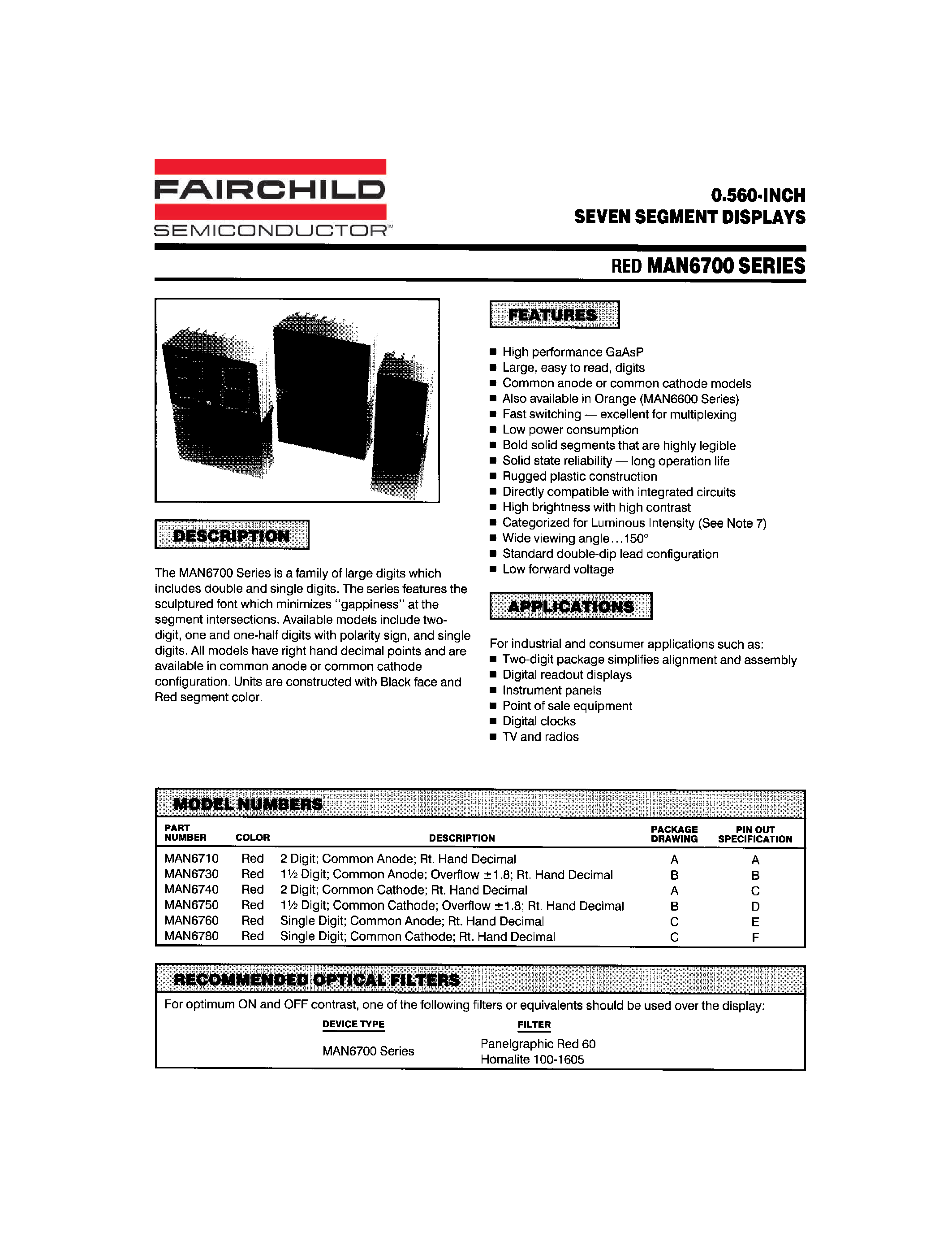 Datasheet MAN6780 - 0.560-INCH SEVEN SEGMENT DISPLAYS page 1