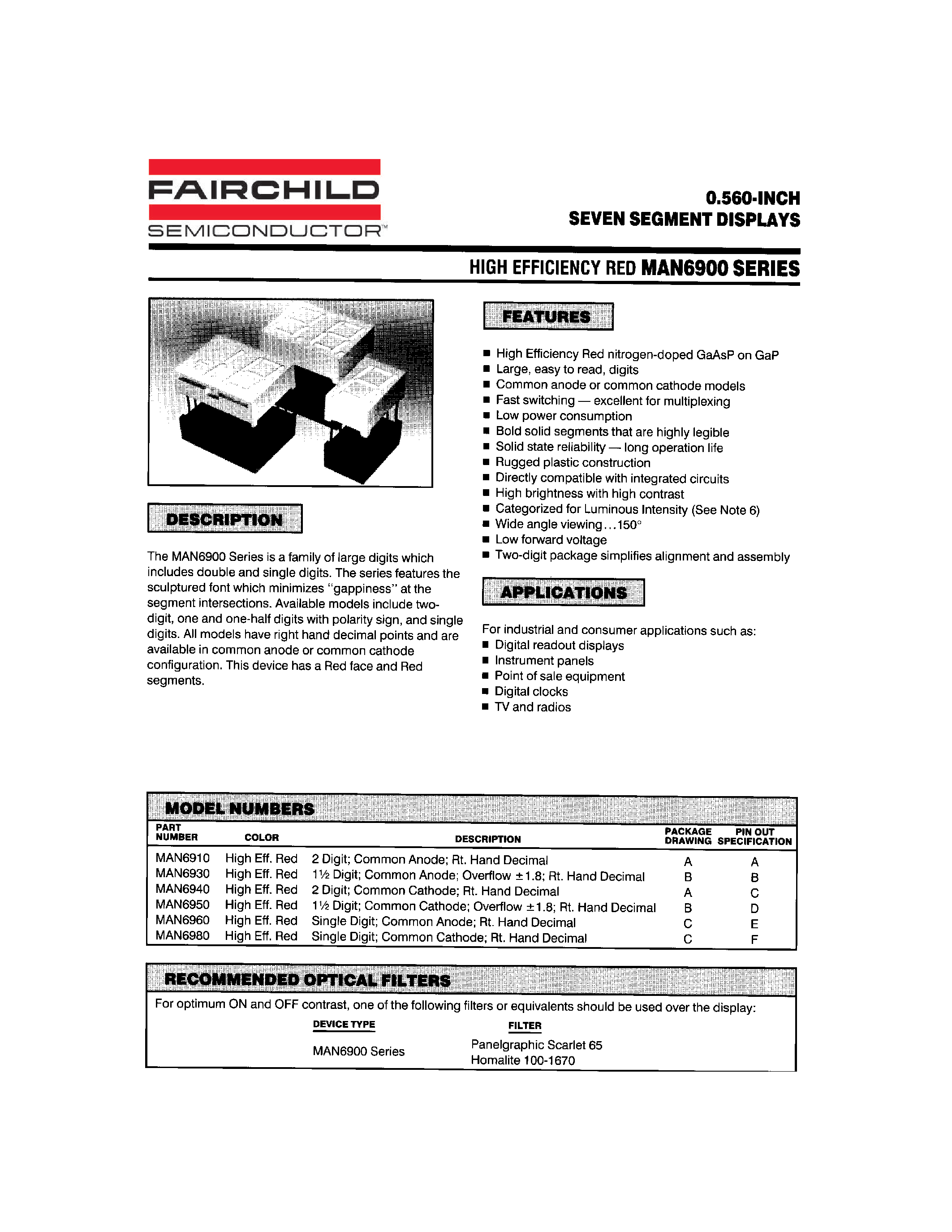 Datasheet MAN6900 - 0.560-INCH SEVEN SEGMENT DISPLAYS page 1