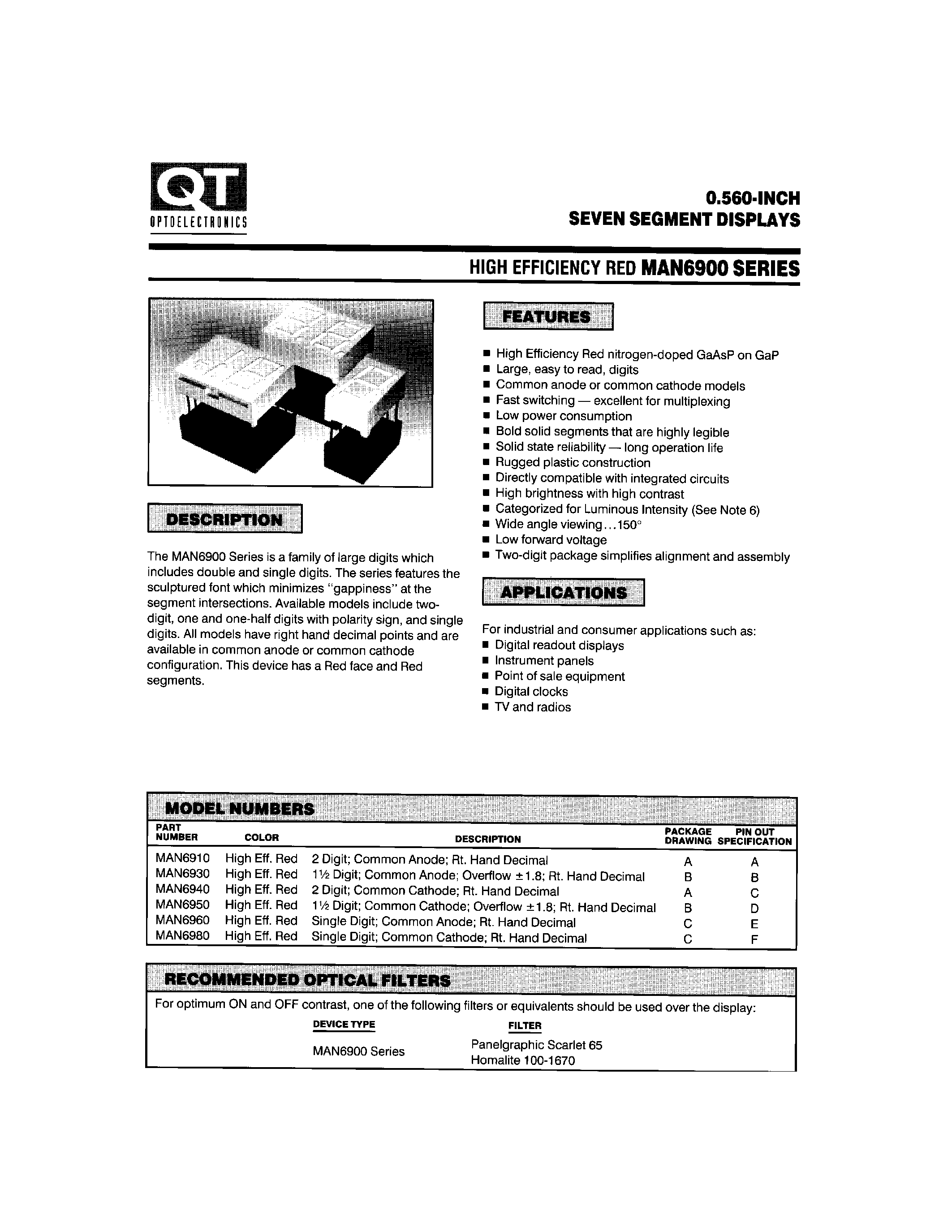 Datasheet MAN6910 - 0.560-INCH SEVEN SEGMENT DISPLAYS page 1