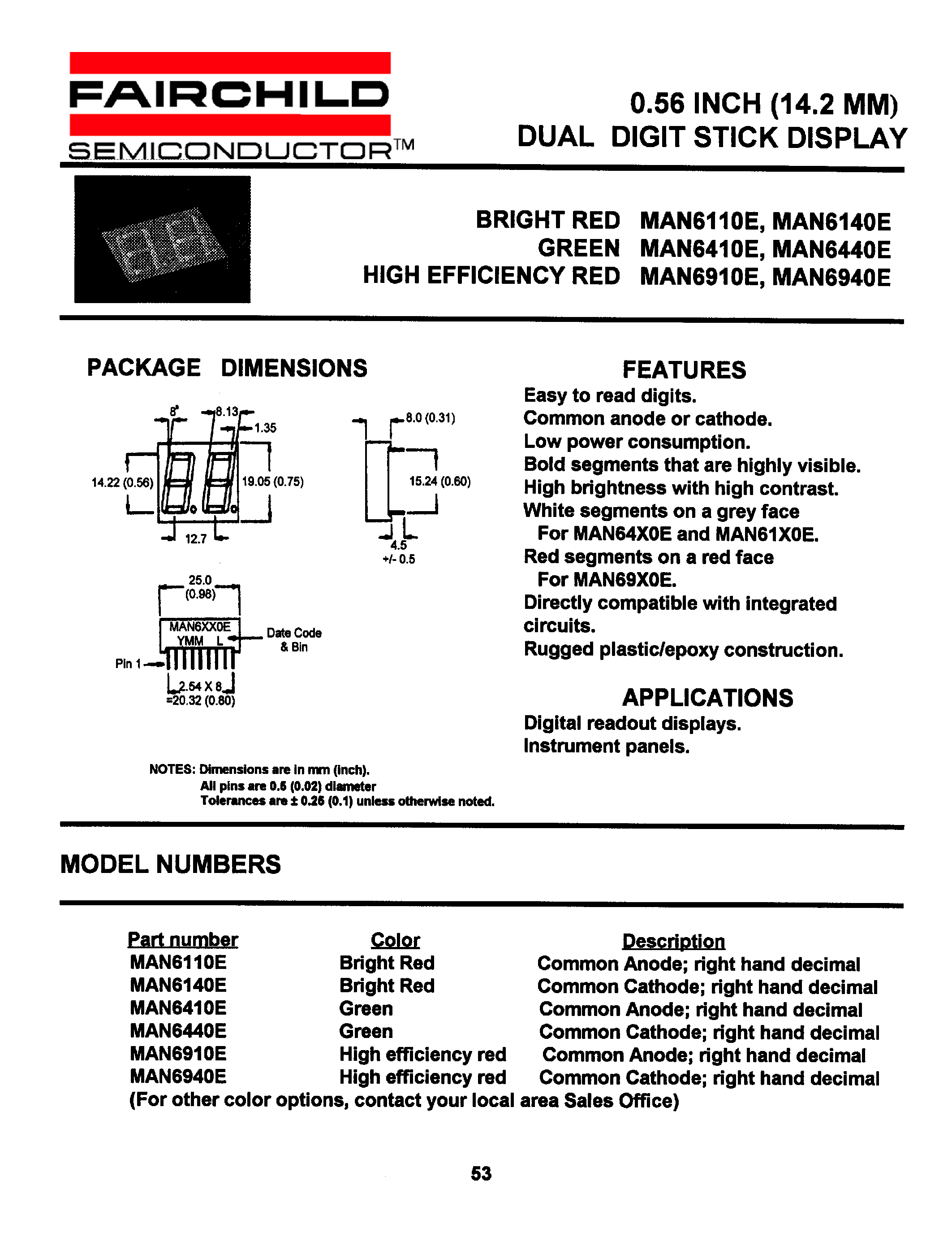Datasheet MAN6940E - 0.56 INCH (14.2 MM) DUAL DIGIT STICK DISPLAY page 1