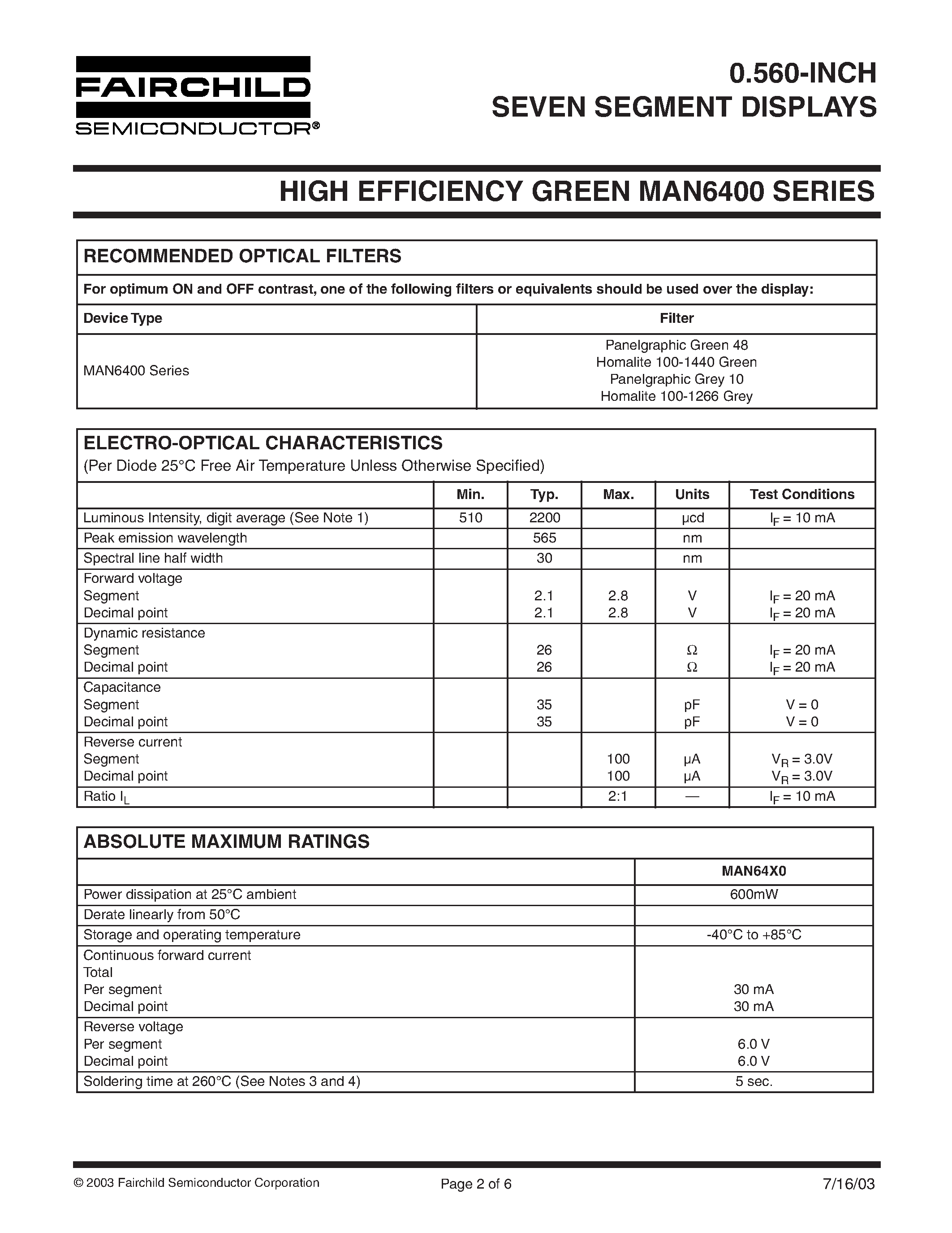 Datasheet MAN6980 - 0.560-INCH SEVEN SEGMENT DISPLAYS page 2