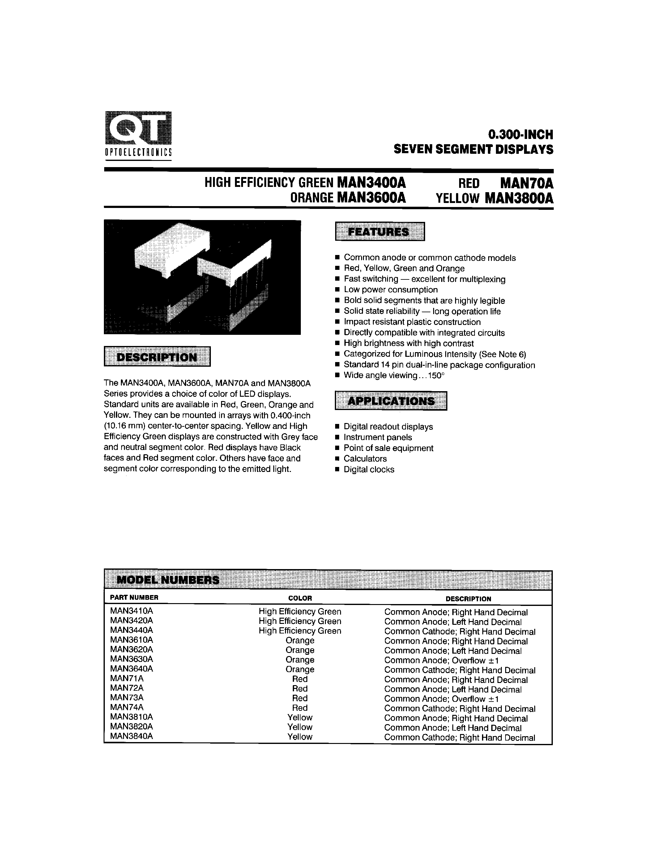 Datasheet MAN71A - 0.300-INCH SEVEN SEGMENT DISPLAYS page 1