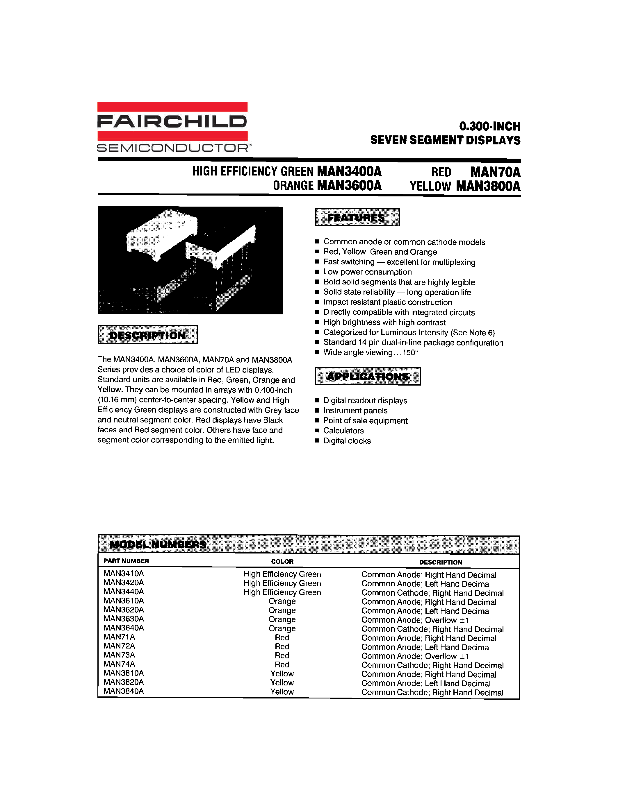 Datasheet MAN72A - 0.300-INCH SEVEN SEGMENT DISPLAYS page 1