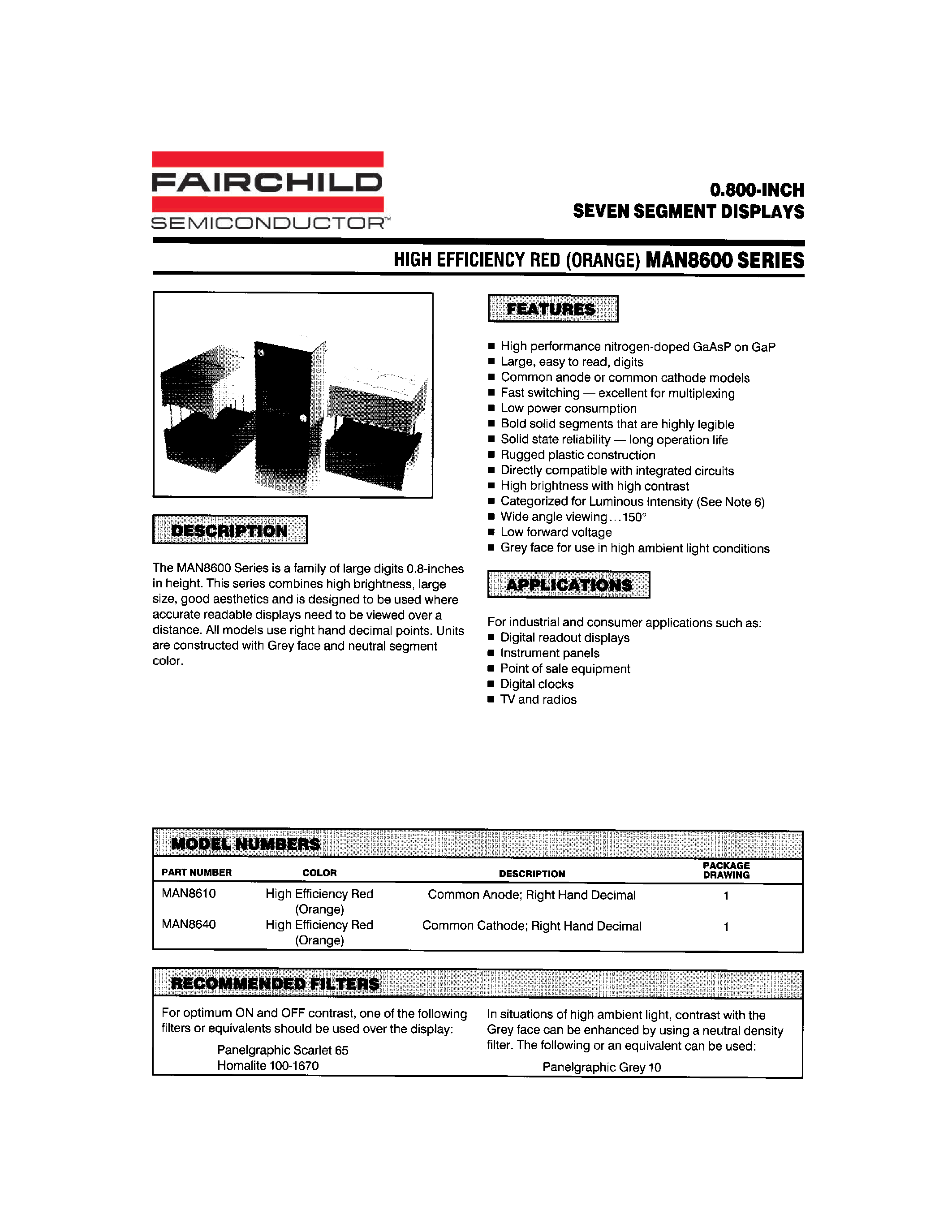 Datasheet MAN8610 - 0.800-INCH SEVEN SEGMENT DISPLAYS page 1