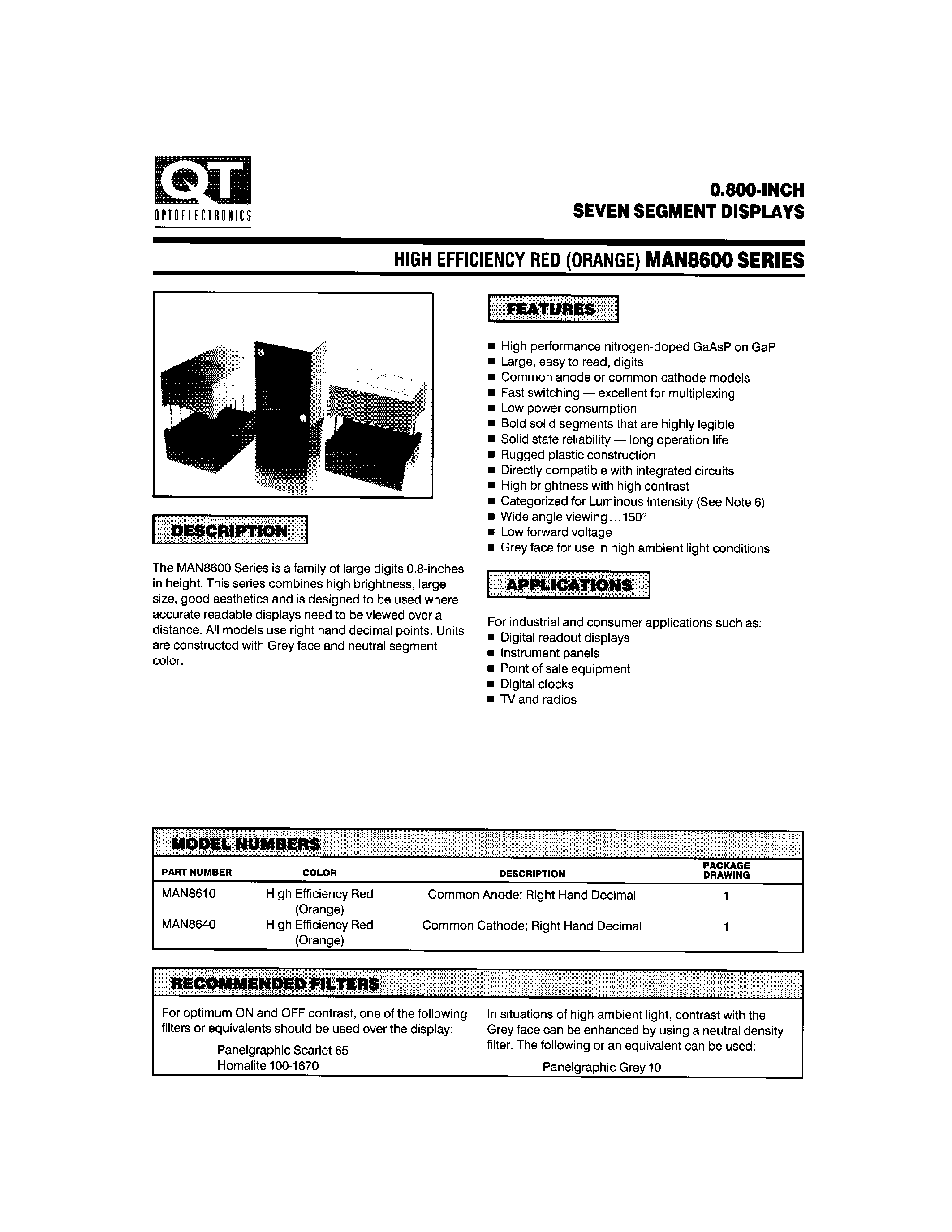 Datasheet MAN8610 - 0.800-INCH SEVEN SEGMENT DISPLAYS page 1