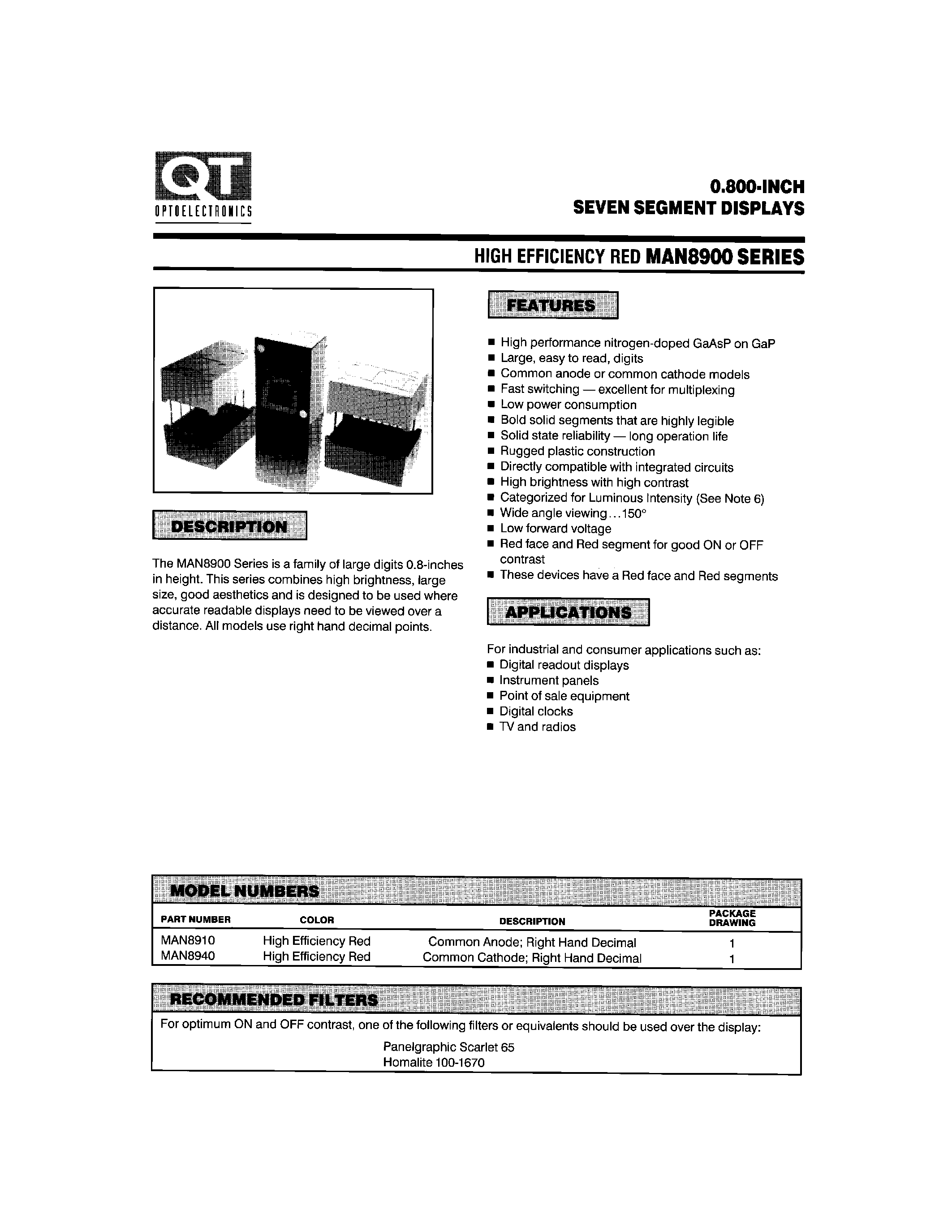 Datasheet MAN8900 - 0.800-INCH SEVEN SEGMENT DISPLAYS page 1