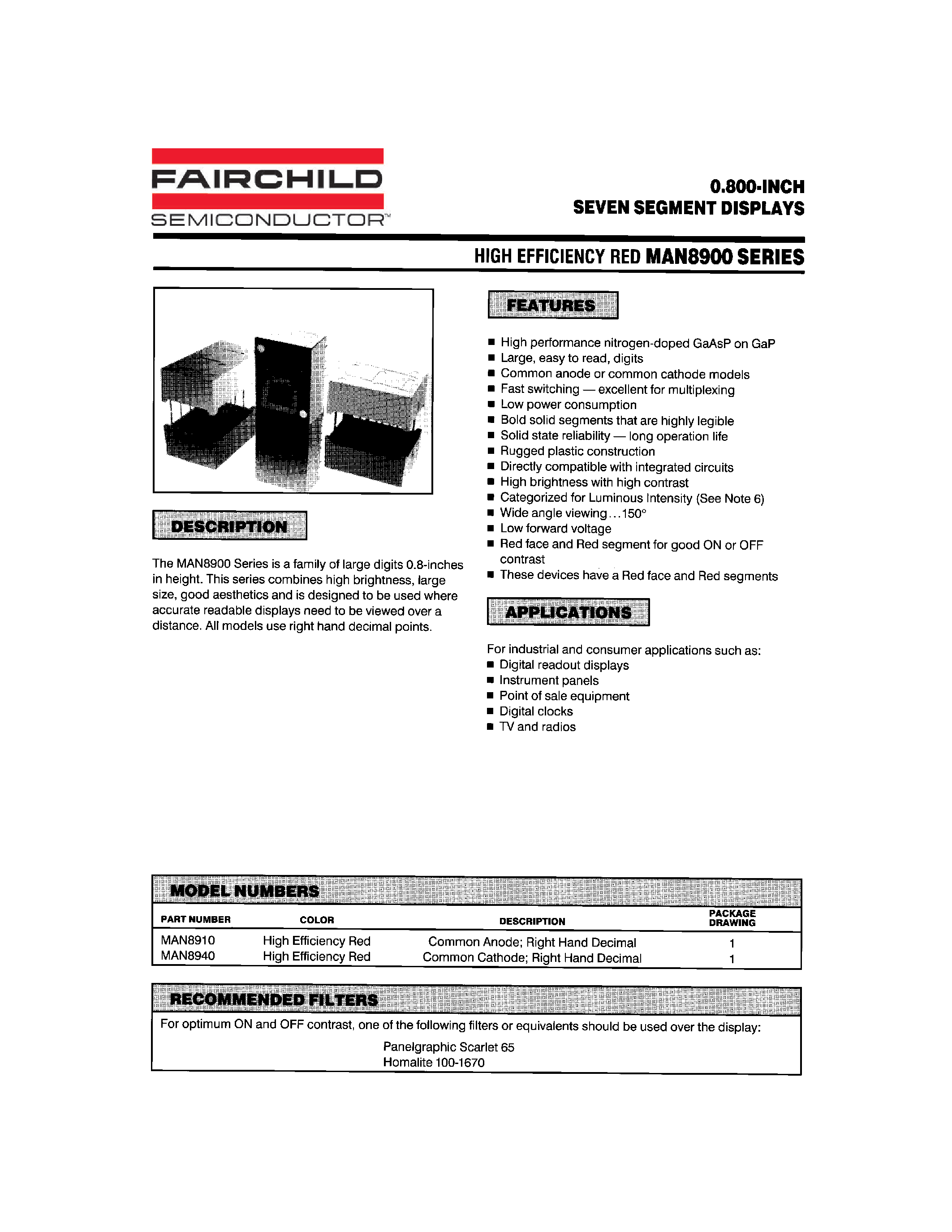 Datasheet MAN8940 - 0.800-INCH SEVEN SEGMENT DISPLAYS page 1