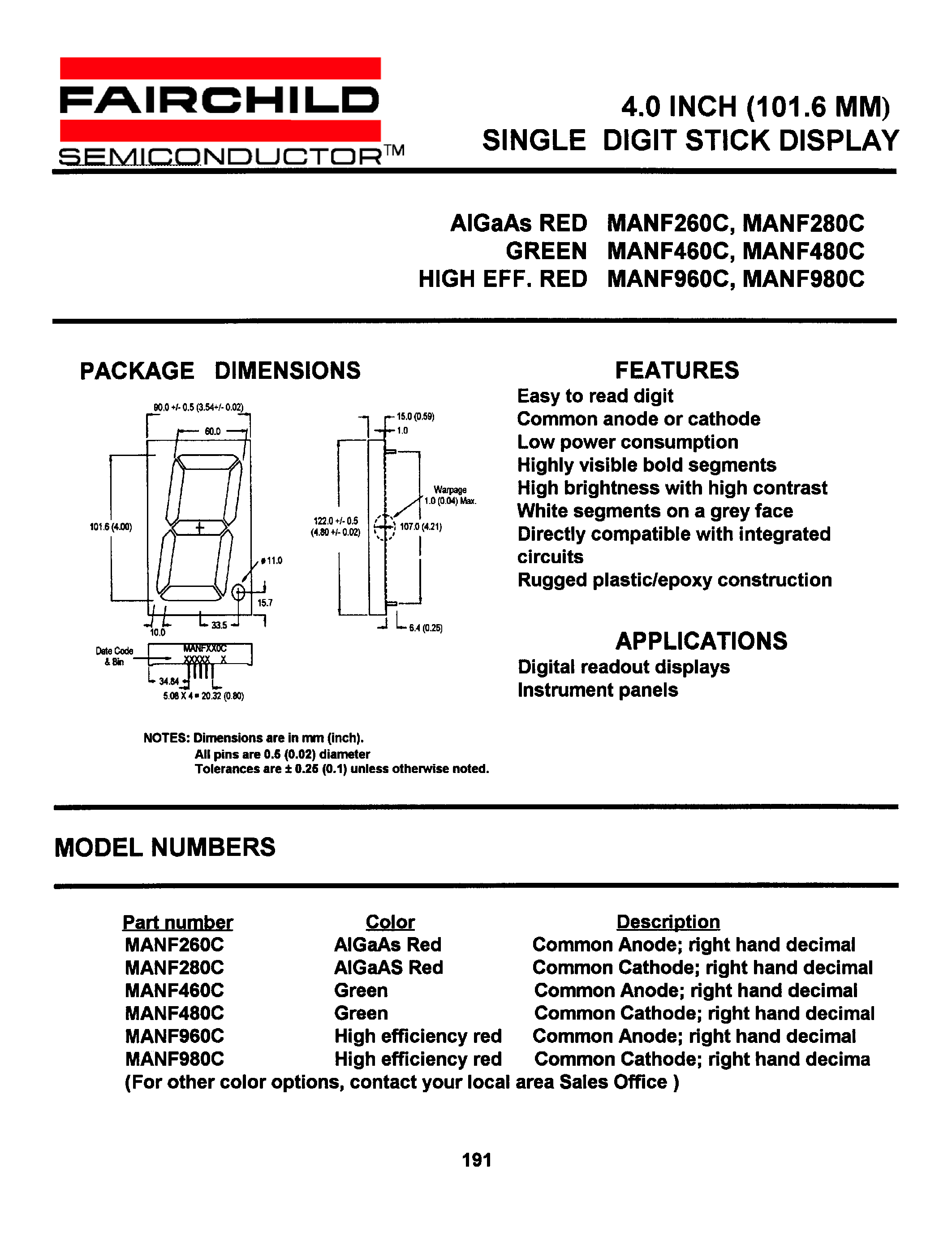 Datasheet MANF280C - 4.0 INCH (101.6 MM) SINGLE DIGIT STICK DISPLAY page 1