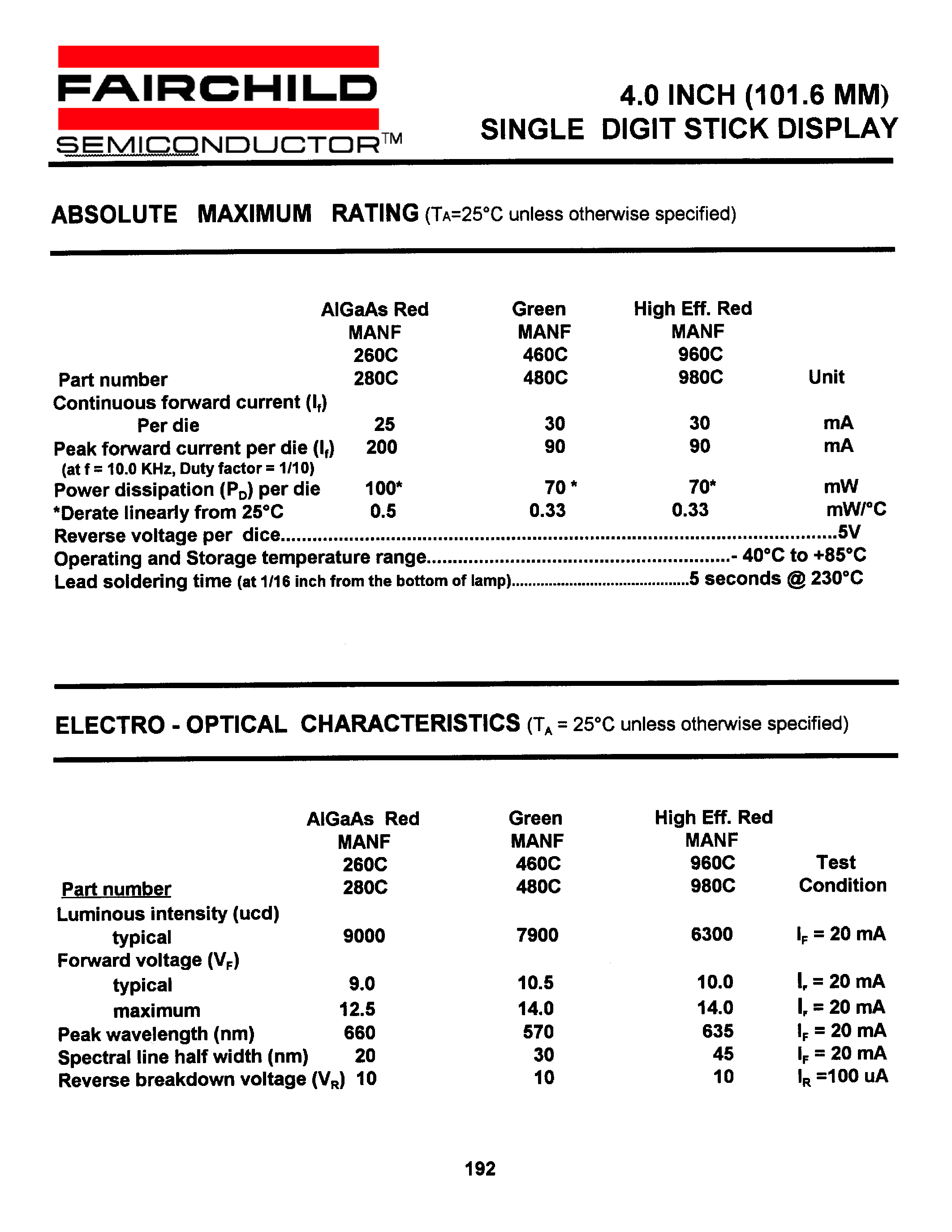 Datasheet MANF460C - 4.0 INCH (101.6 MM) SINGLE DIGIT STICK DISPLAY page 2