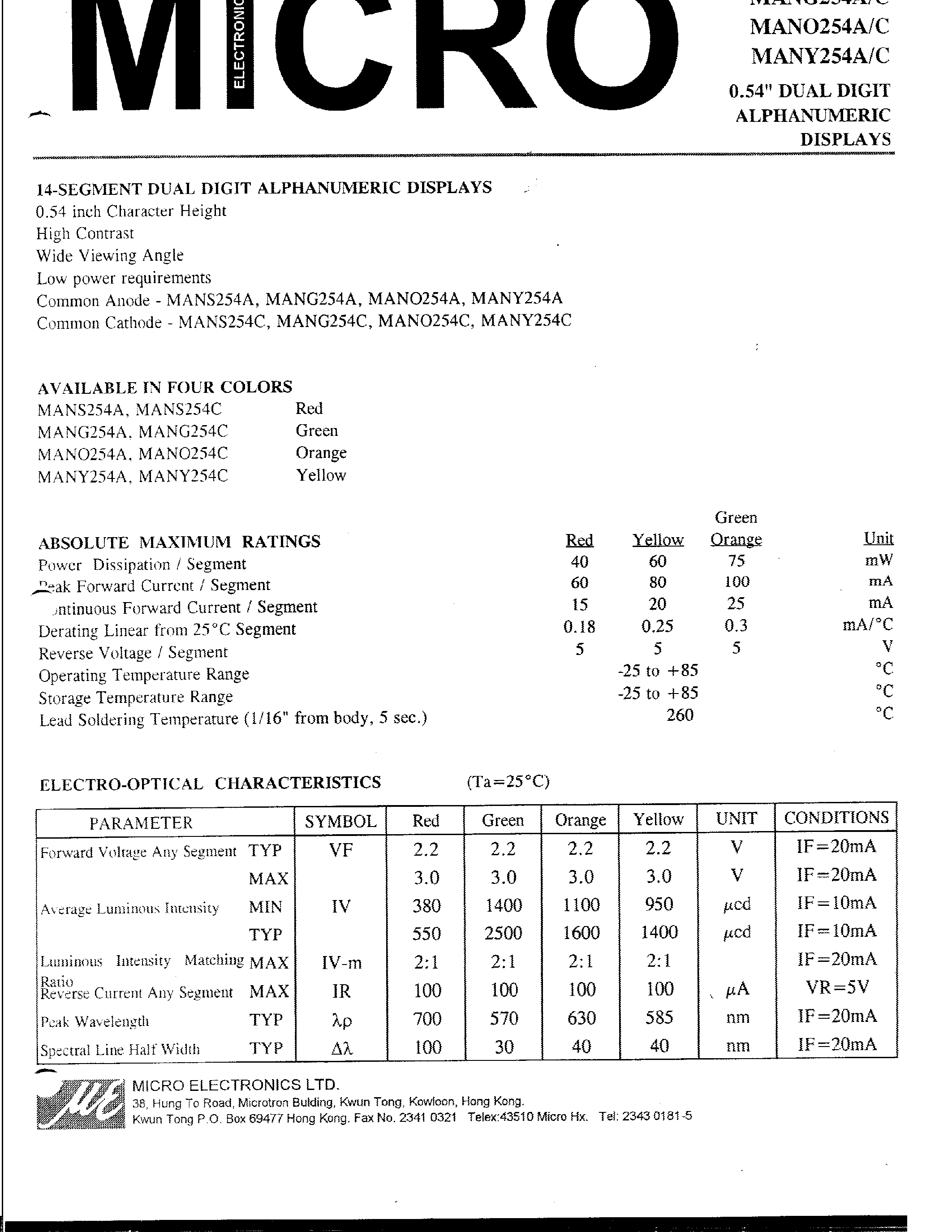 Datasheet MANY254C - 0.54 DUAL DIGIT ALPHANUMERIC DISPLAYS page 1